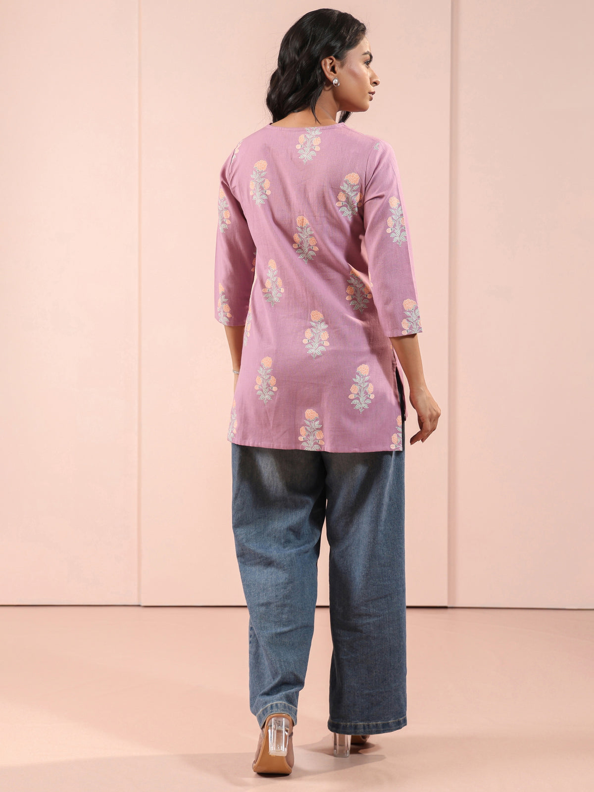 Moonlight Mauve Linen Blend Short Top Embellished with Had Craft Details