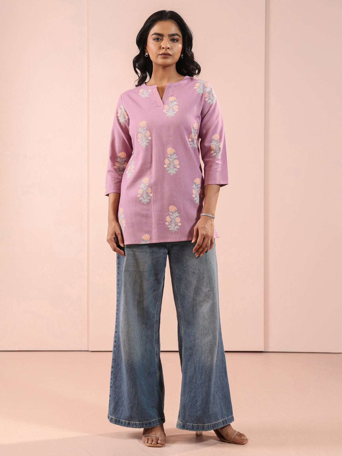 Moonlight Mauve Linen Blend Short Top Embellished with Had Craft Details