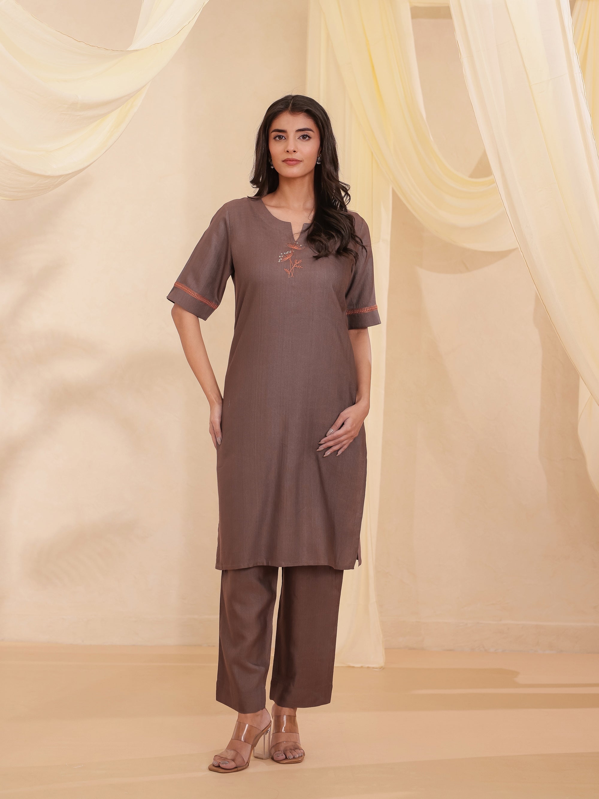 Choclate Brown 2 Pcs Kurta Set in Tusser Silk