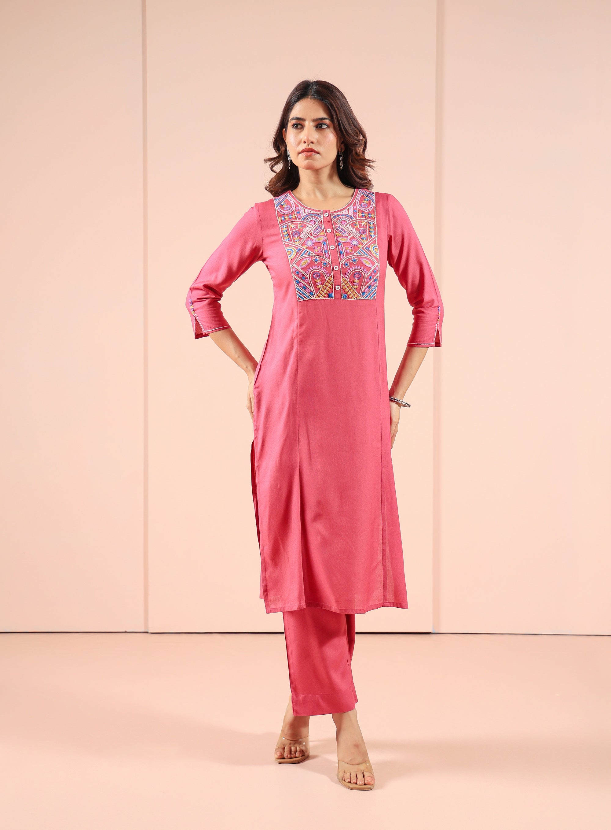 Red Bud 2 Pcs Kurta Set in Rayon Linen