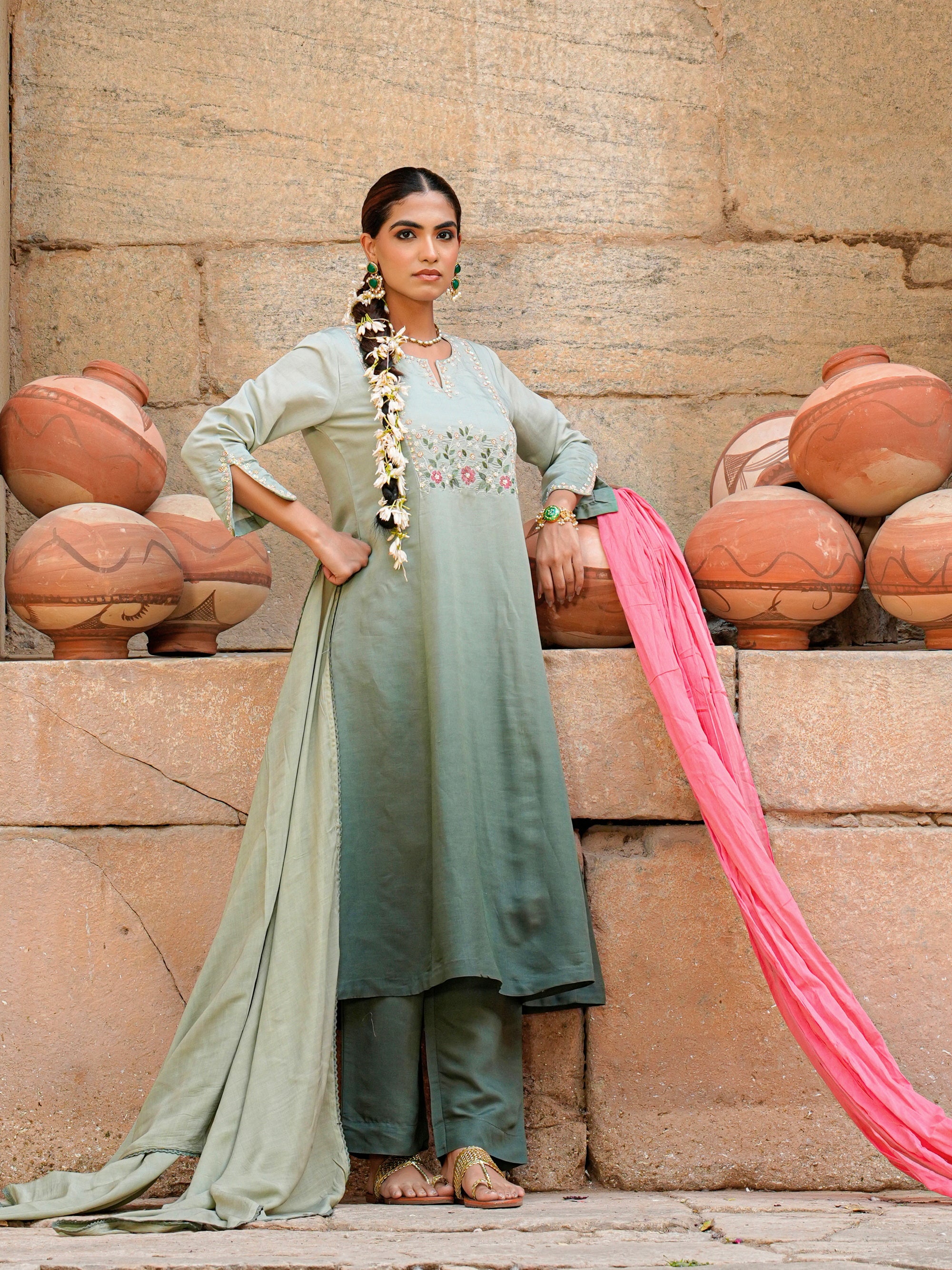 Laurel Green Roman Silk Adda Work 3 Pc Kurta Set Women