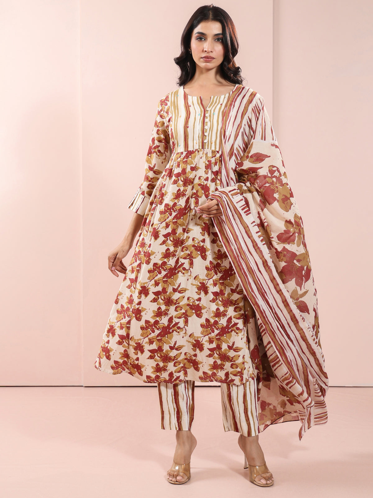 Almond Oil Floral Printed 3PC Flared Kurta Set Embellished with Hand Craft Details