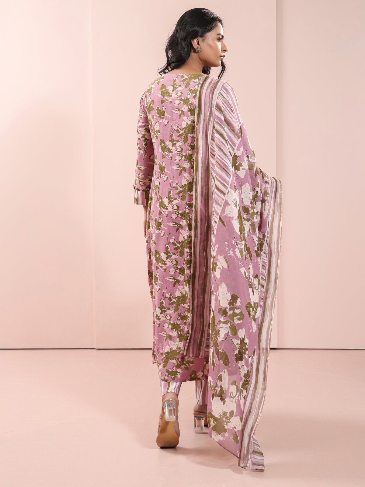 FLORAL PRINTED 3PC FLARED KURTA SET EMBELLISHED WITH HAND CRAFT DETAILS