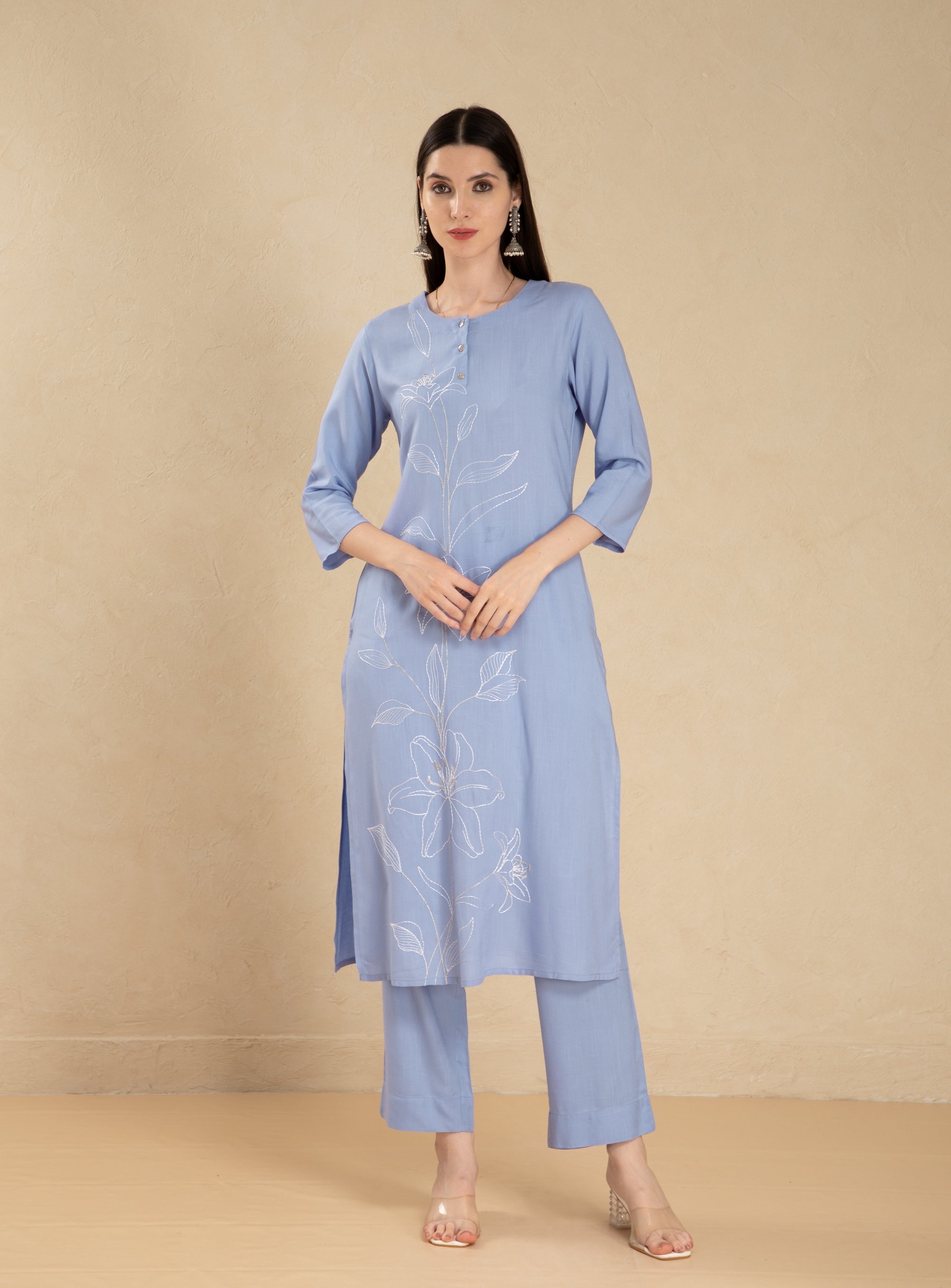 Powder Blue 3 Pcs Kurta Set in Rayon Slub