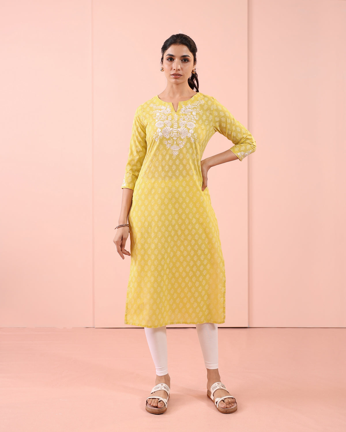 MUL COTTON KHADI PRINTED CHIKANKARI EMBROIDERY KURTI