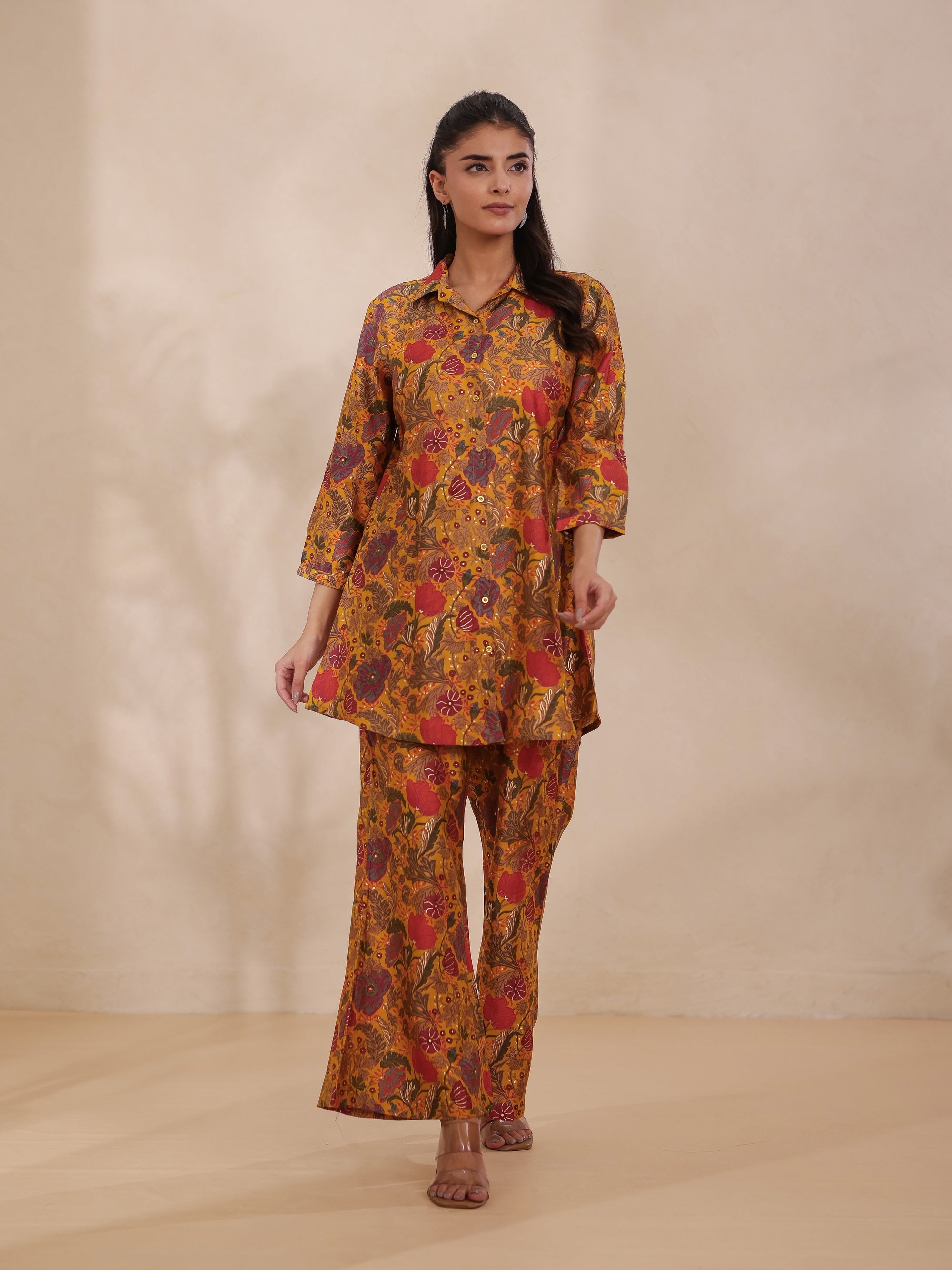 New Mustard 2 Pcs Co-ord Set in Viscose Silk