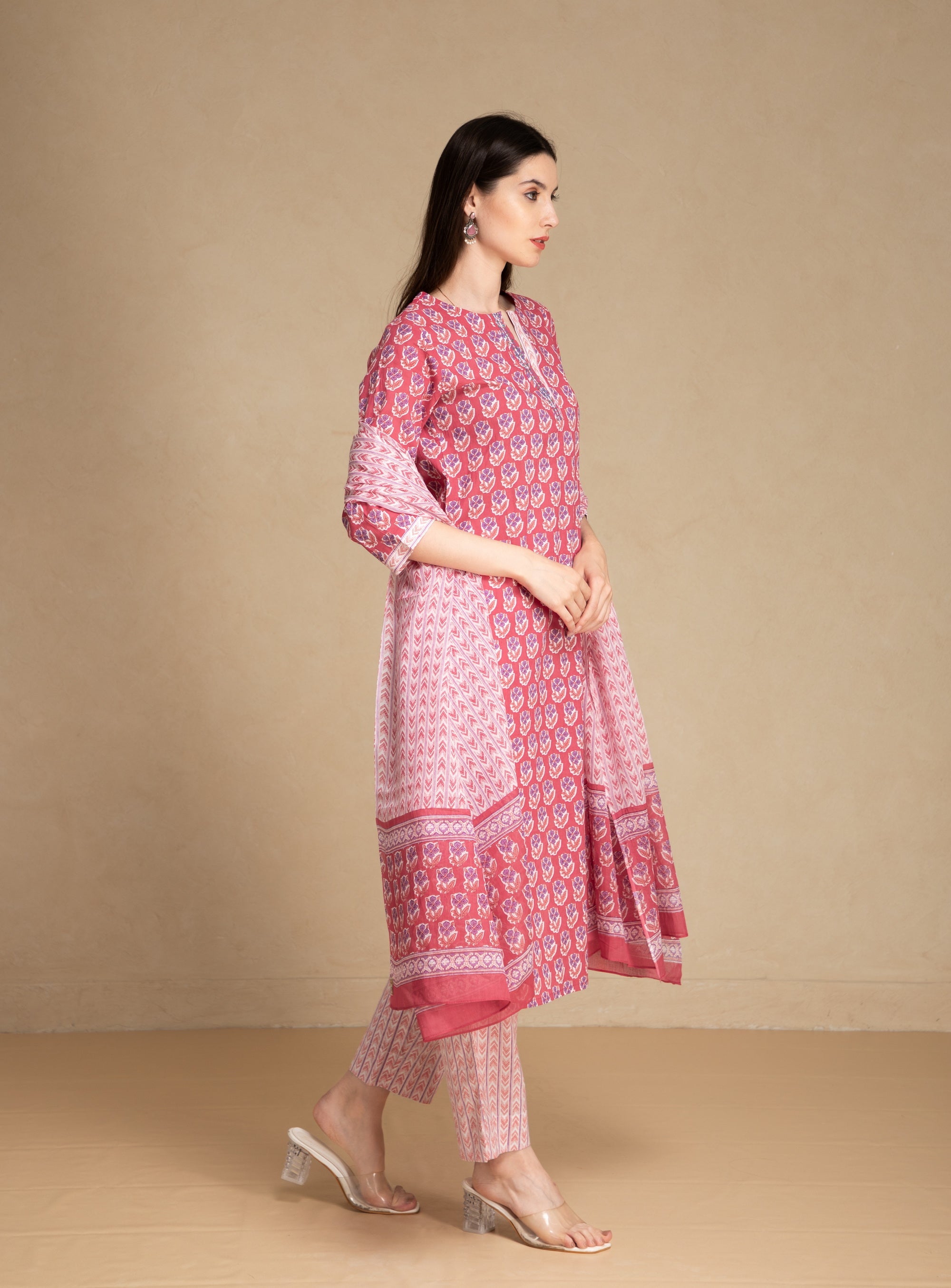 Brick Red 3 Pcs Kurta Set in Mul Cotton
