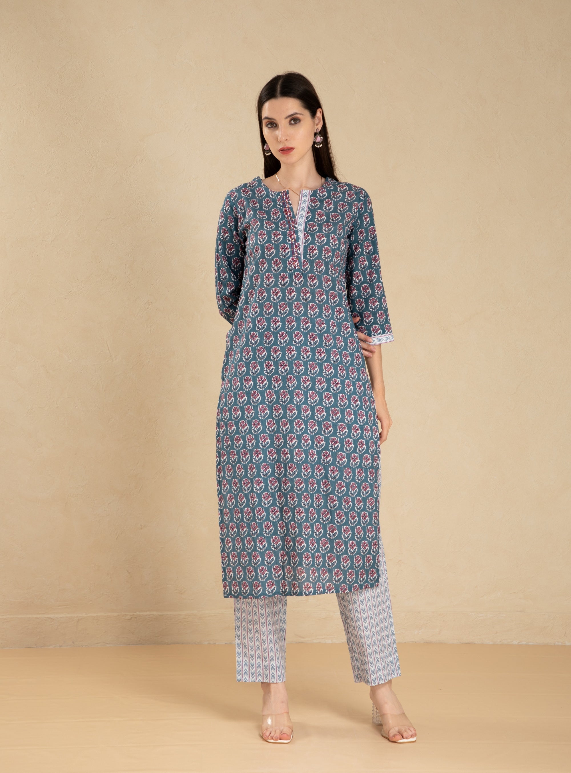 Mallard Blue 3 Pcs Kurta Set in Mul Cotton