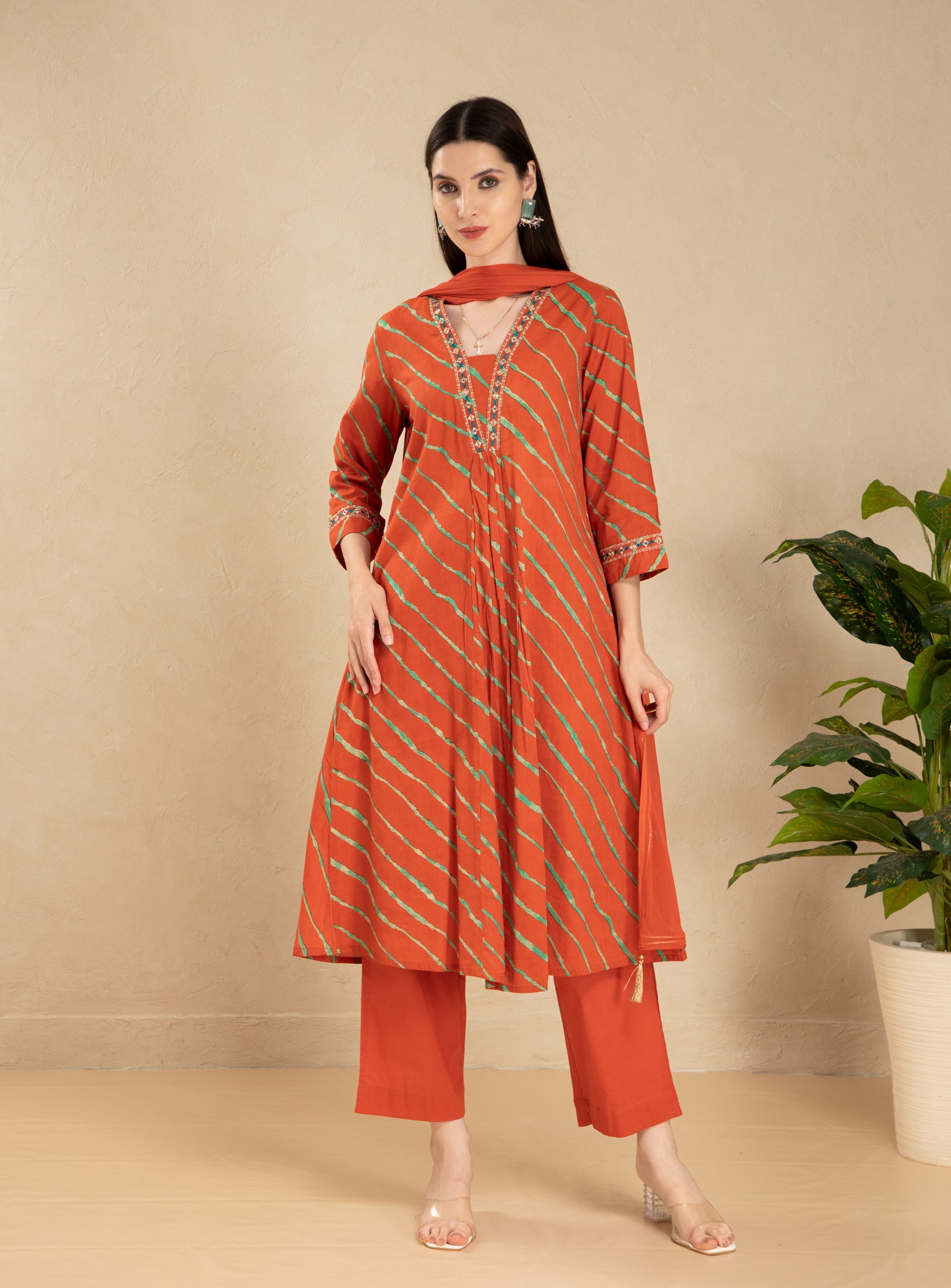 Rust Orange 3 Pcs Kurta Set in Mul Cotton