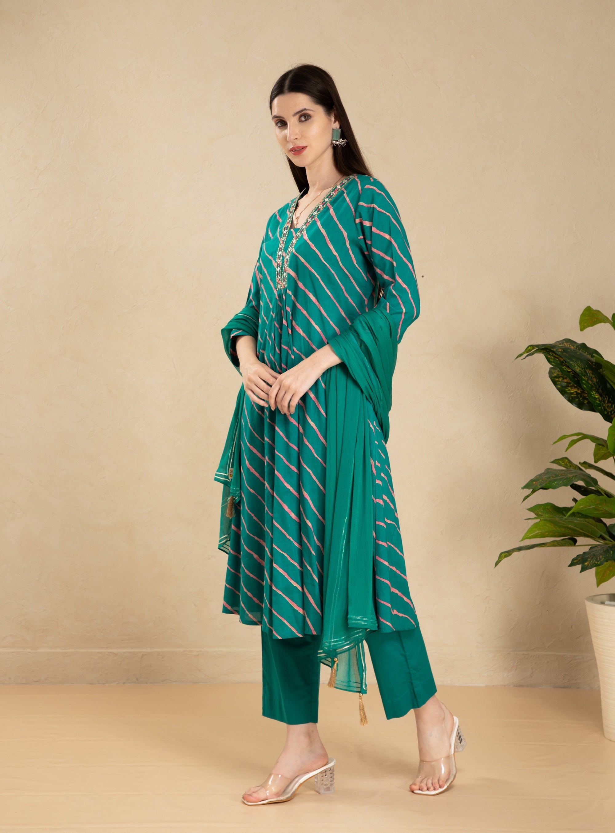 Teal Green 3 Pcs Kurta Set in Mul Cotton