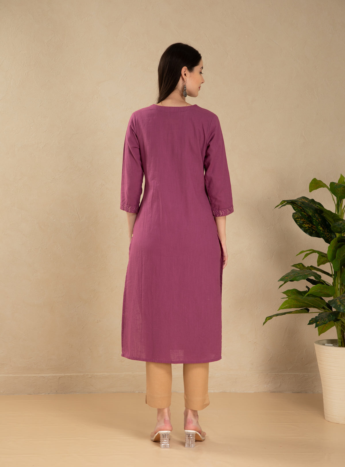 Wine Cotton Slub Embroidered Long Kurti