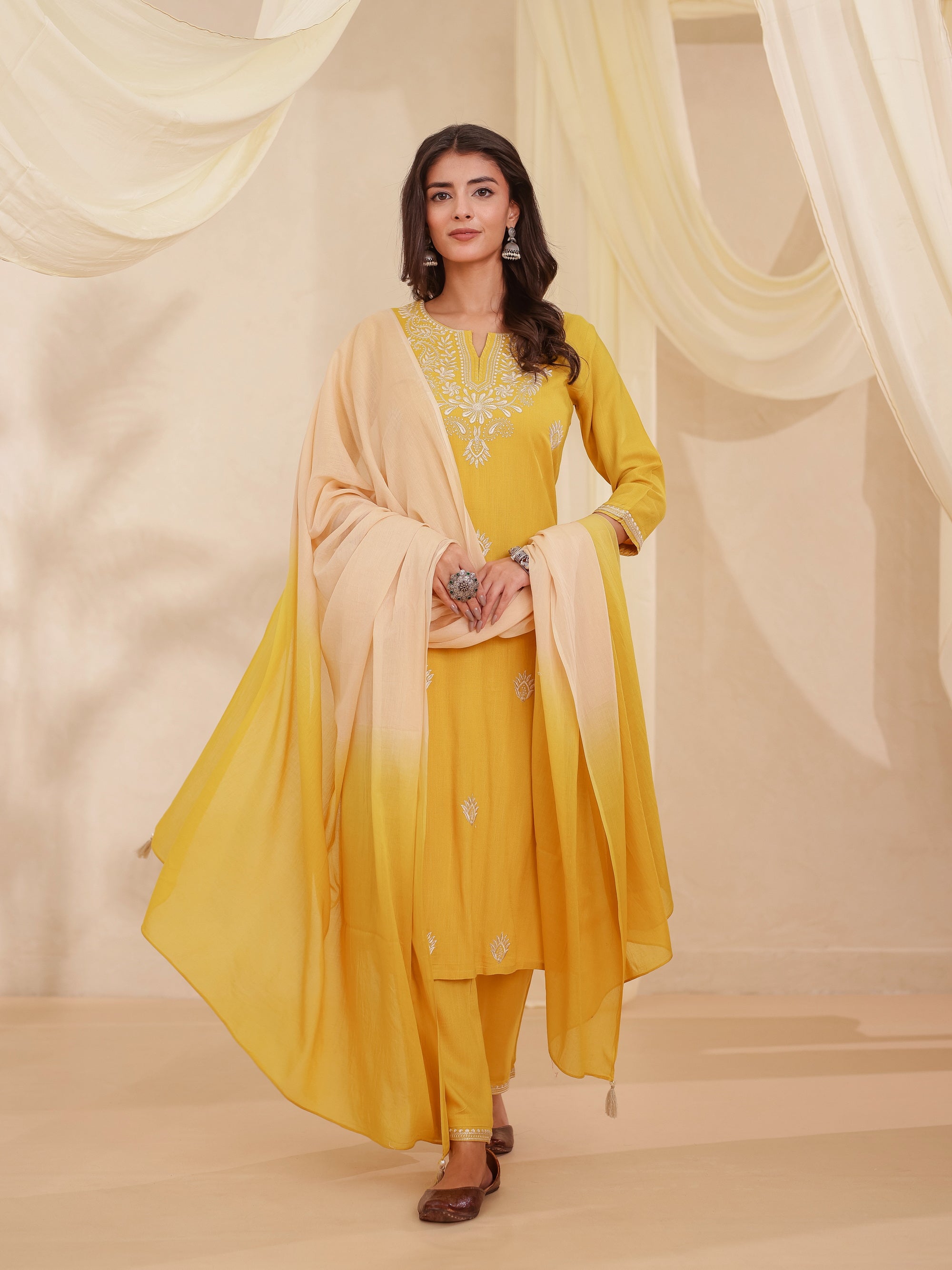 Mustered 3 Pcs Kurta Set in Rayon Slub