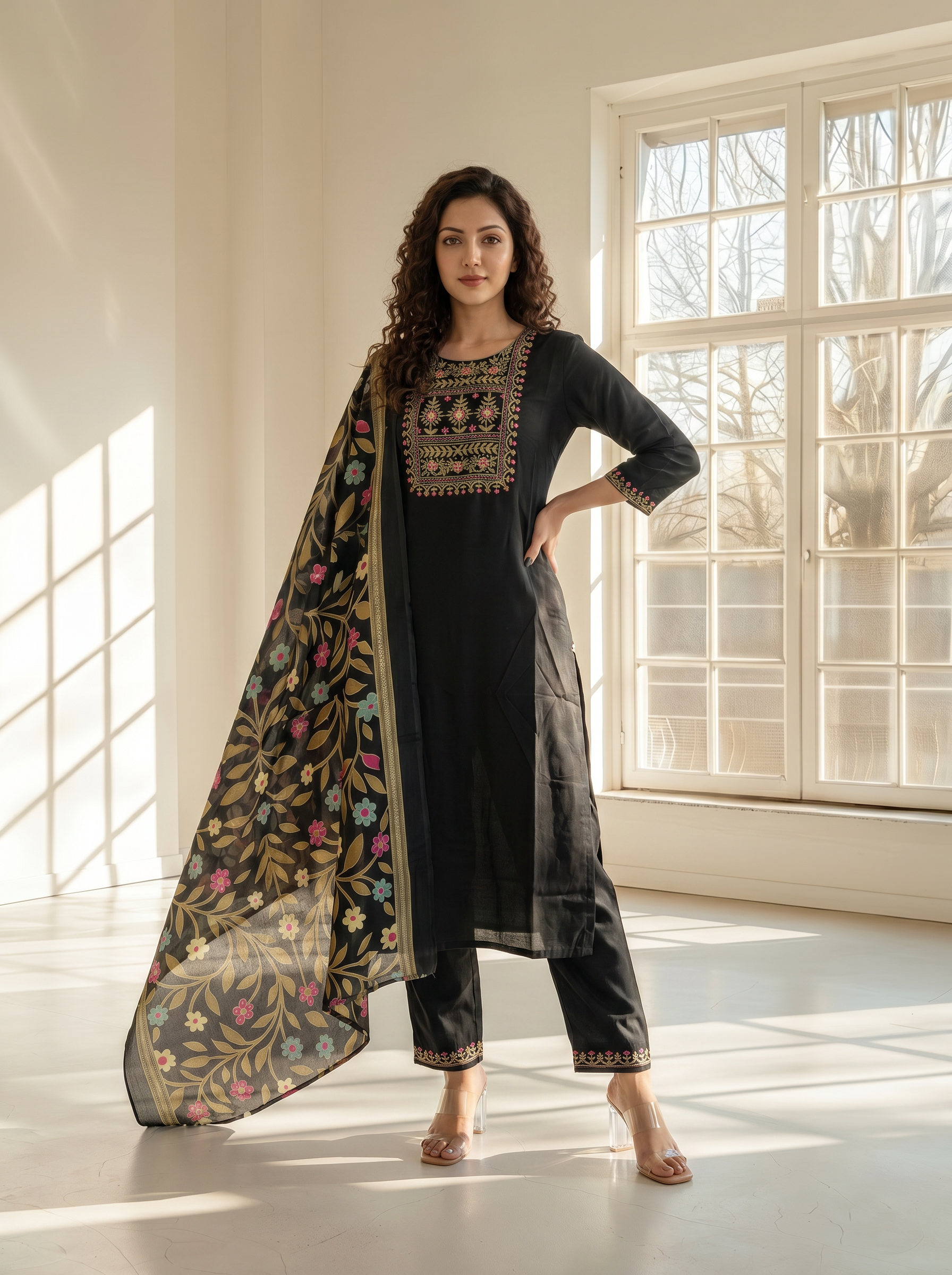 Jet Black Rayon Embroidered Straight Fit Kurta Set For Women