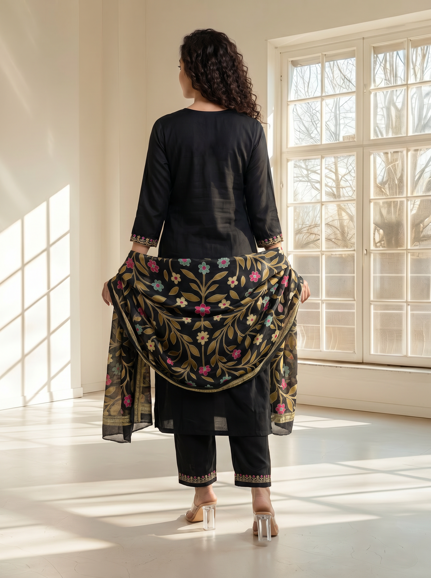Jet Black Rayon Embroidered Straight Fit Kurta Set For Women