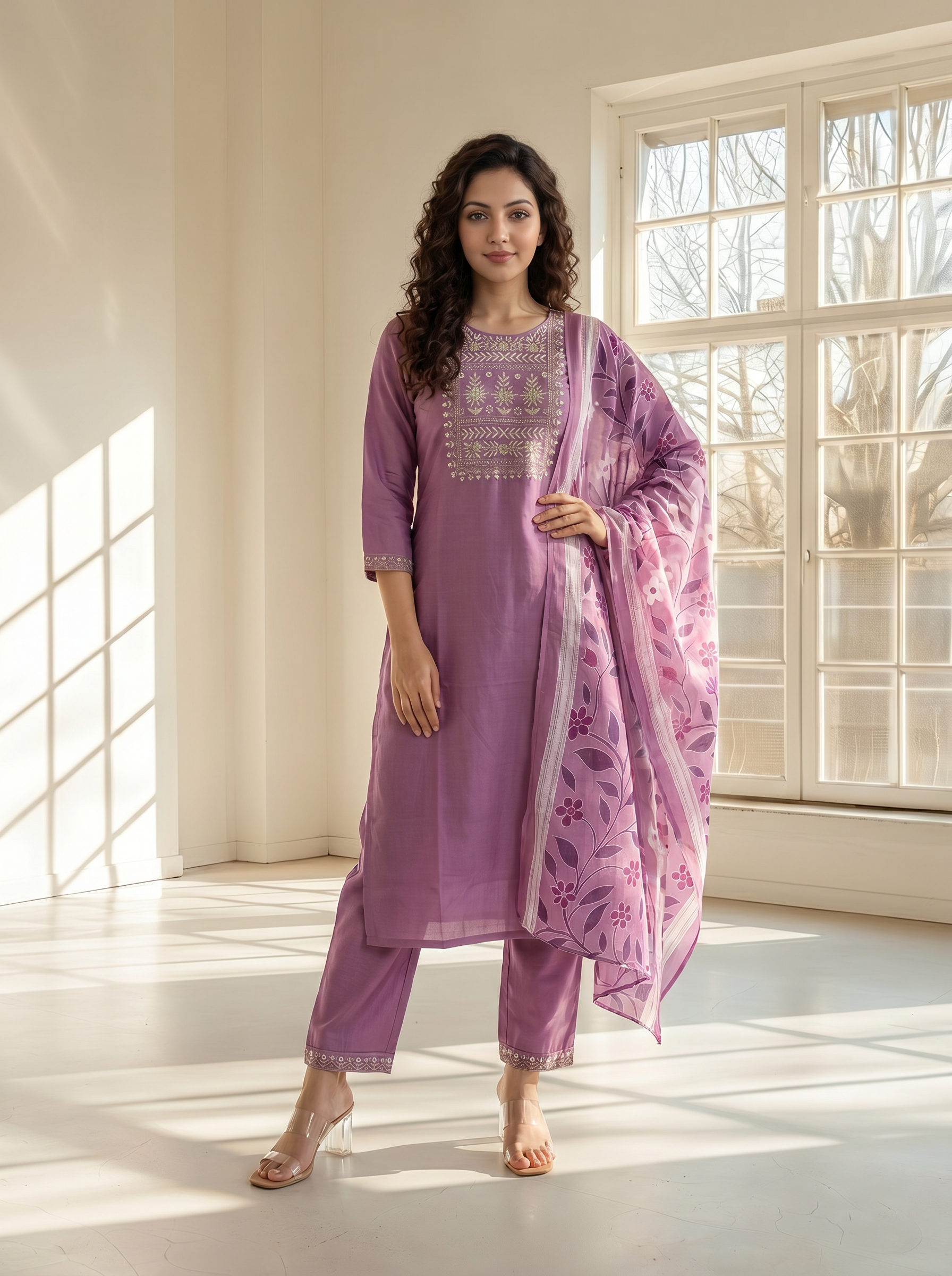 Lavender Rayon Embroidered Straight Fit Kurta Set for women