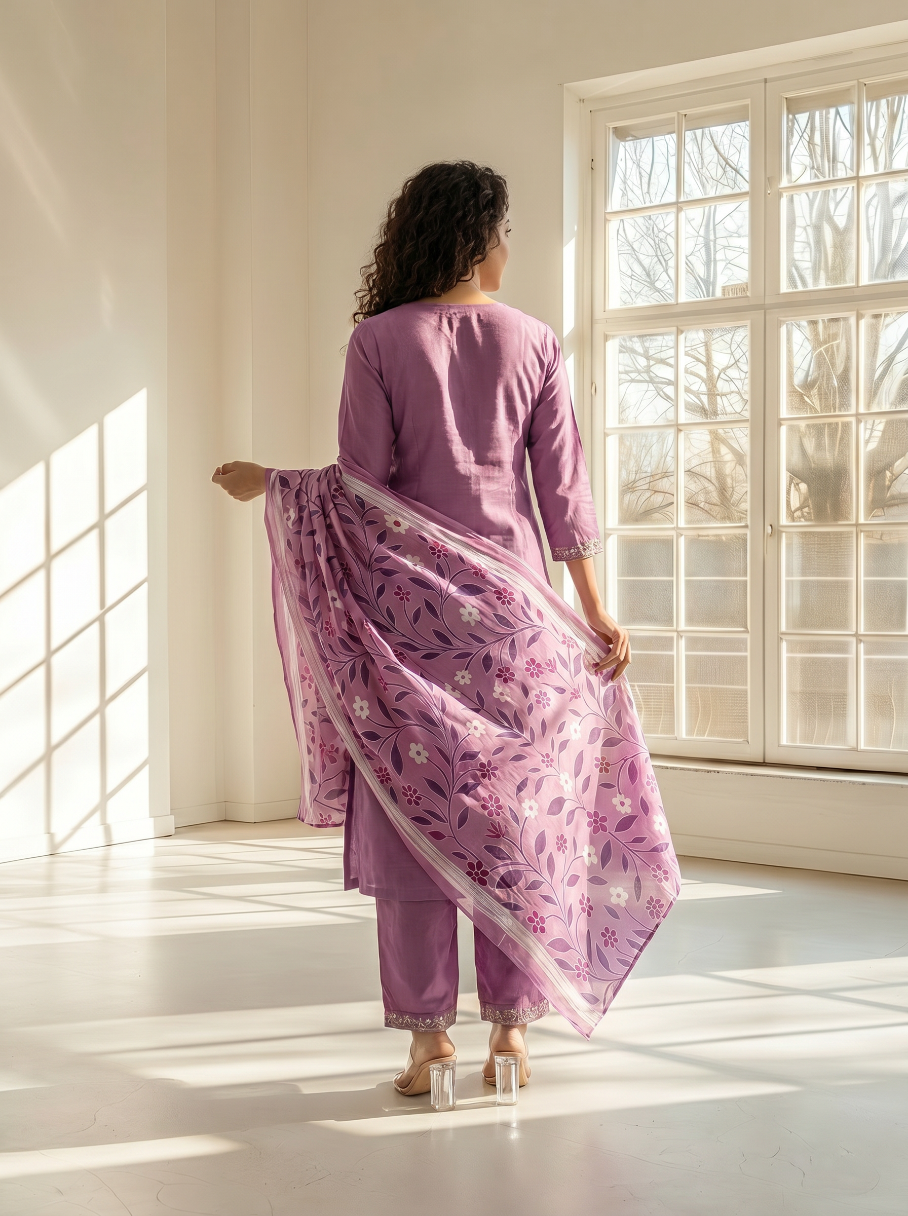 Lavender Rayon Embroidered Straight Fit Kurta Set for women