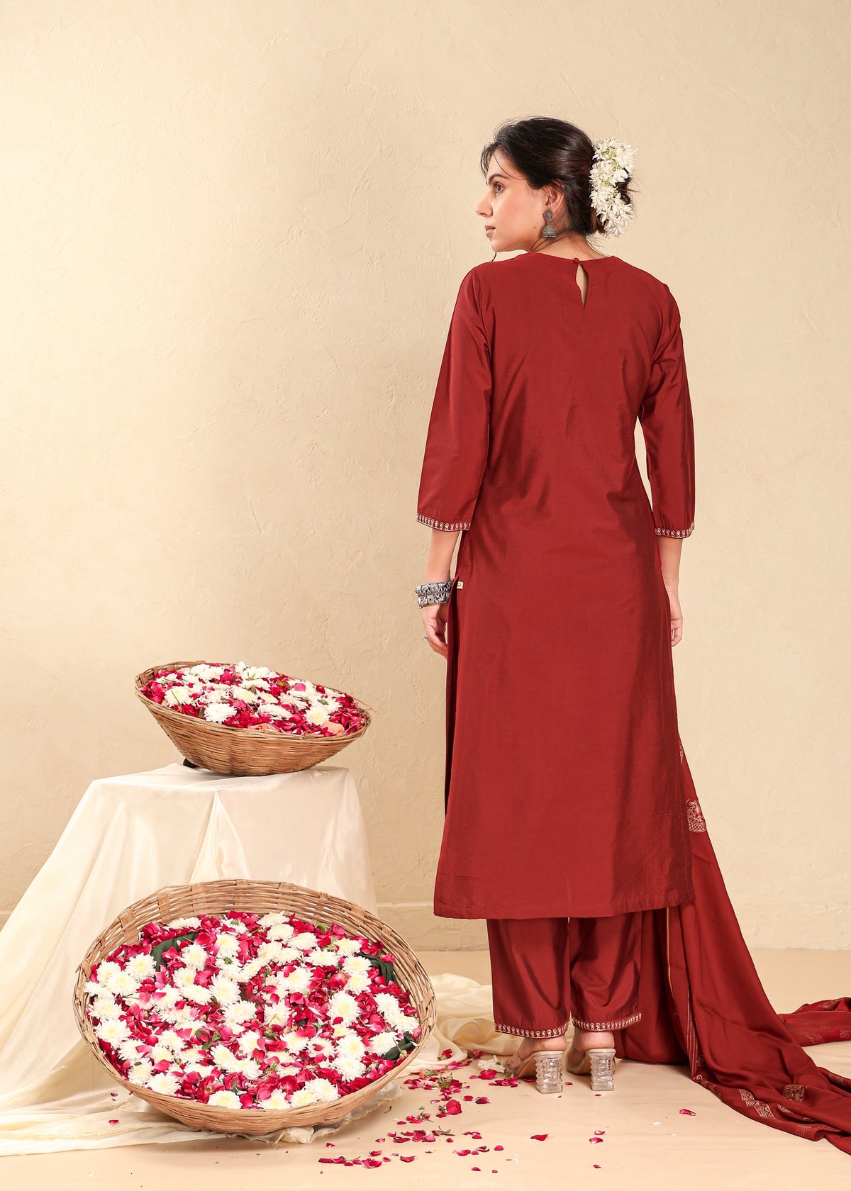 Maroon Red 3PC Placement Embroidery Kurta Set