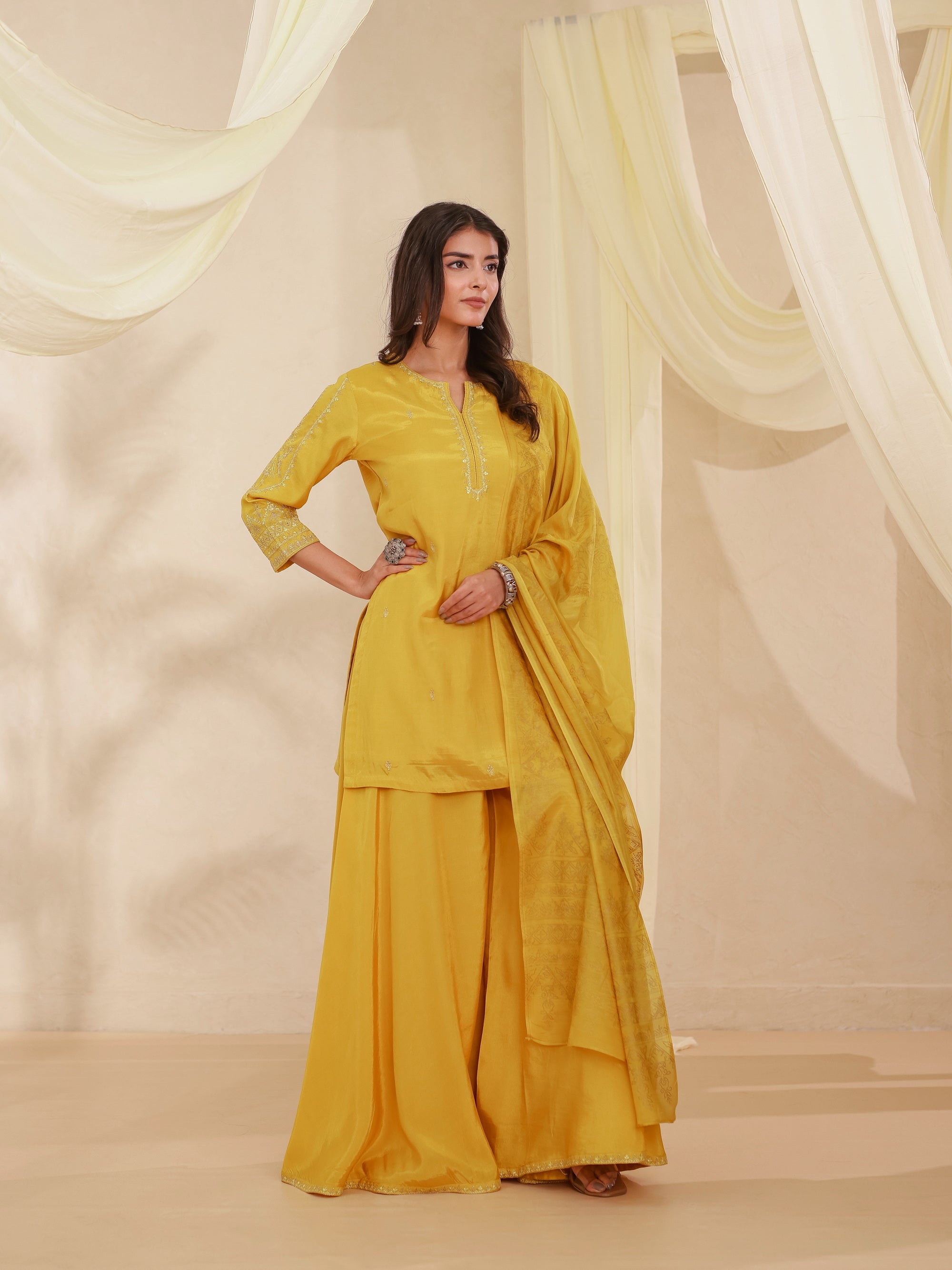 New Mustard 3 Pcs Kurta Set in Santoon
