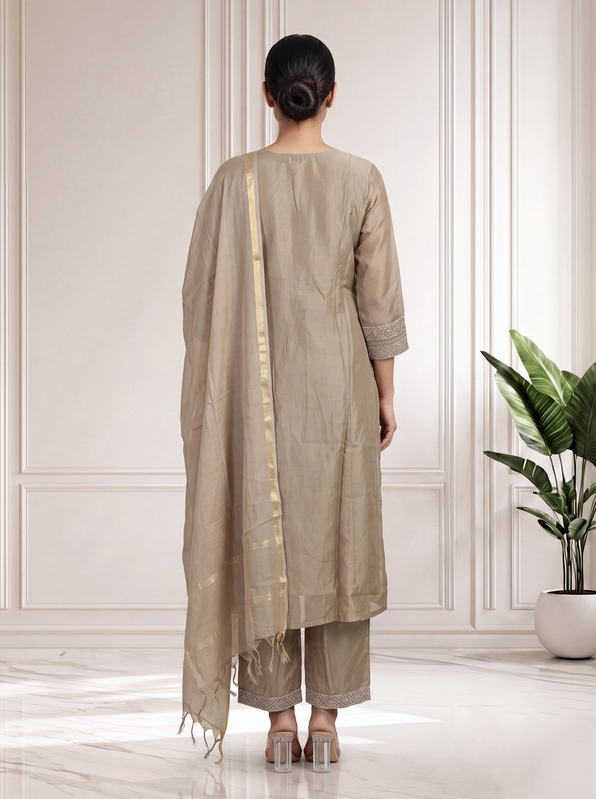 Ash 3 Pcs Kurta Set in Chanderi Silk
