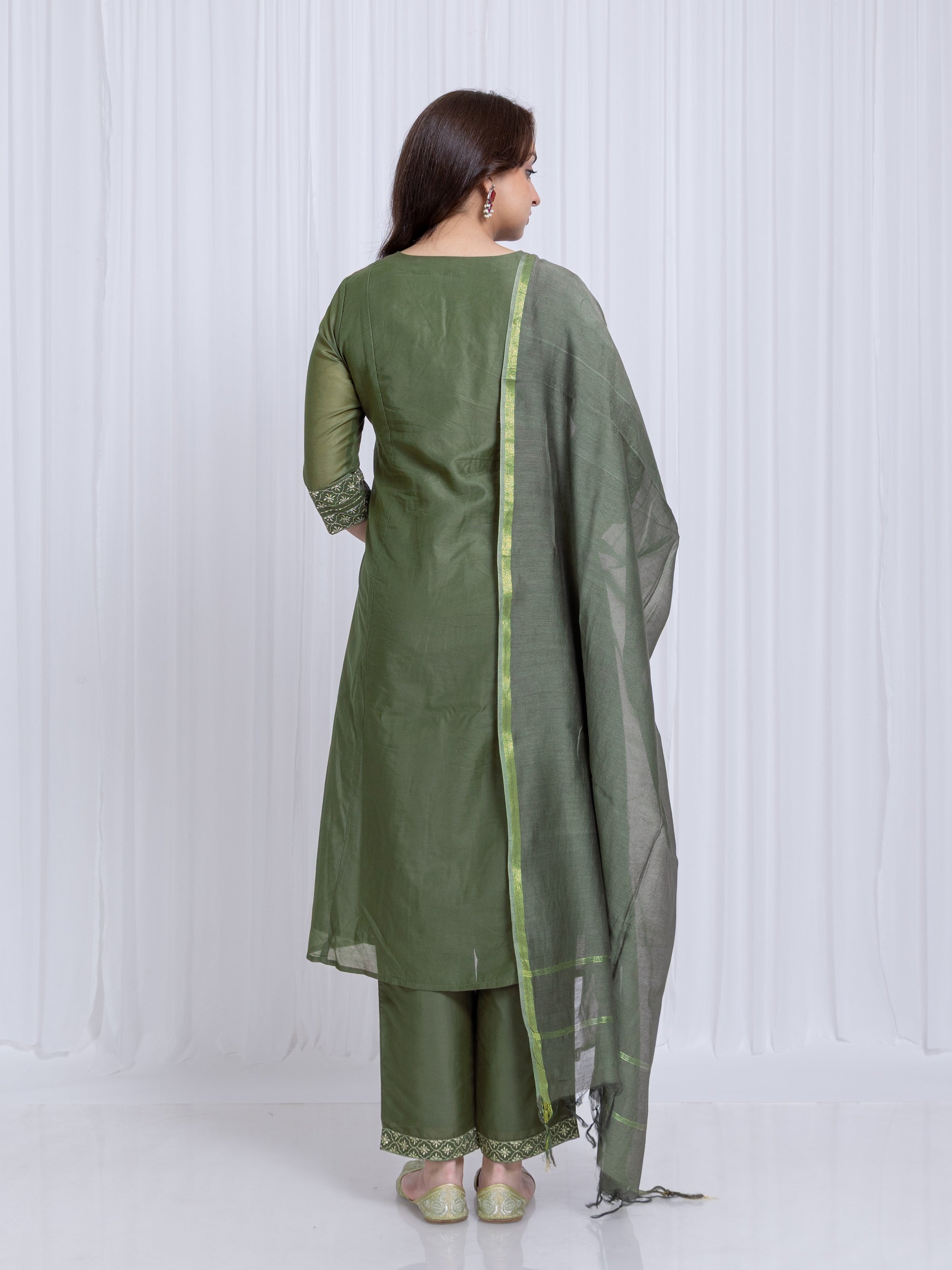 Duck Green 3 Pcs Kurta Set in Chanderi Silk