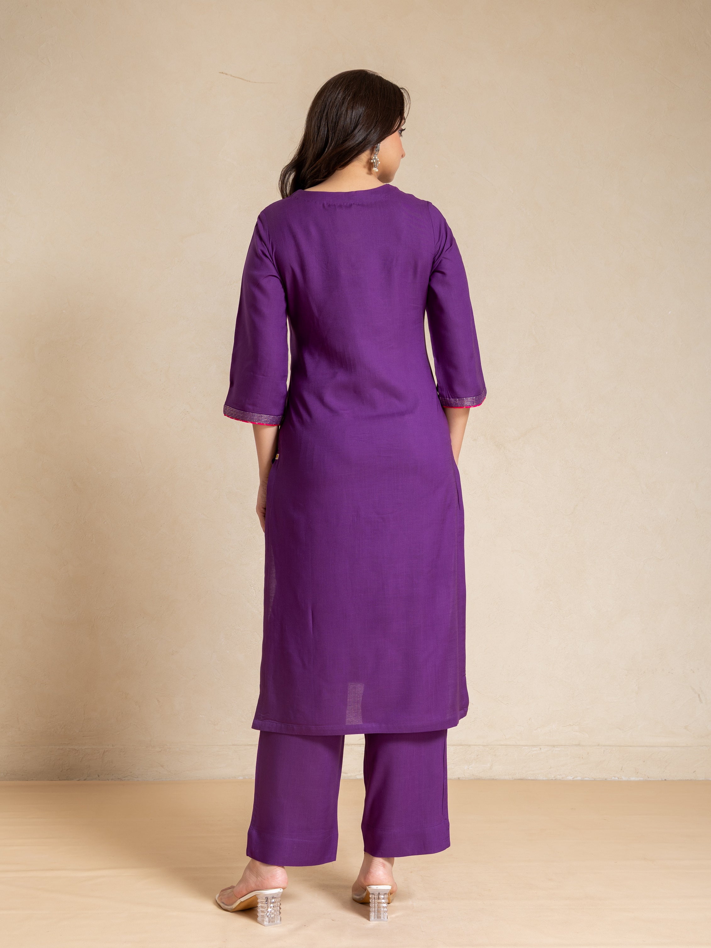 Plum Floral Print Rayon Slub Kurta Set with Adda Work