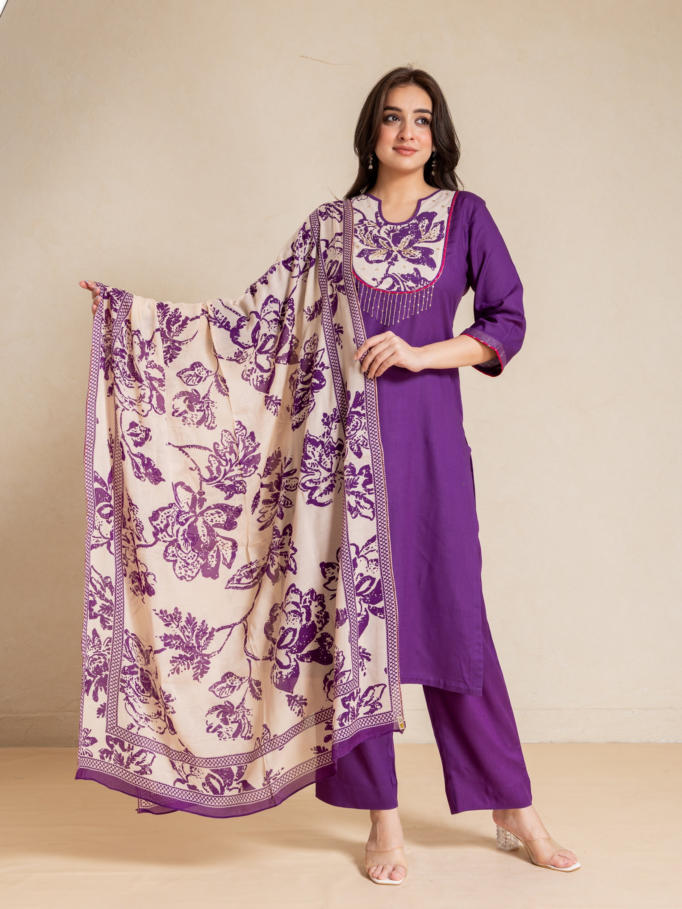Plum Floral Print Rayon Slub Kurta Set with Adda Work