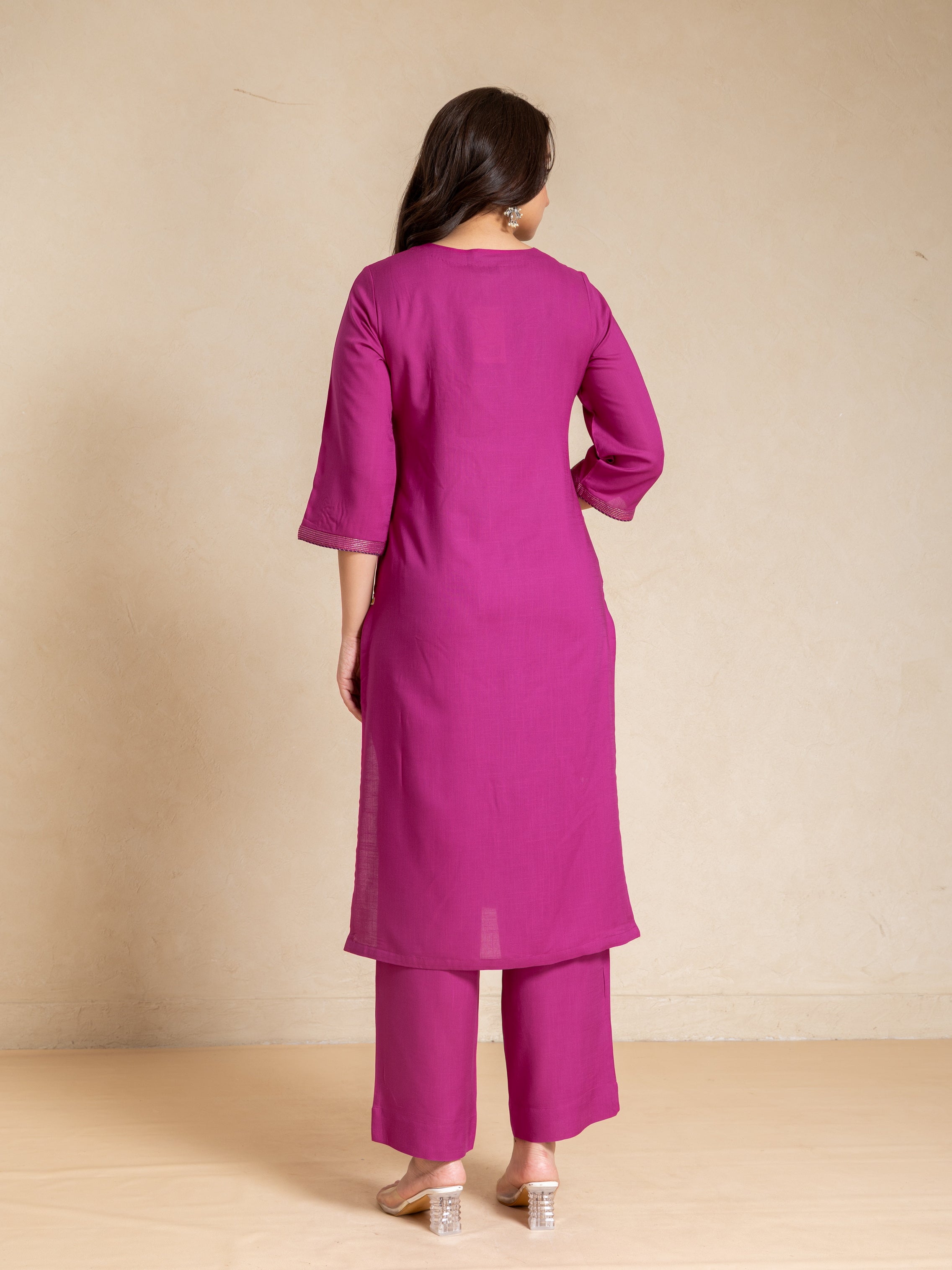 Rouge Floral Print Rayon Slub Kurta Set with Adda Work