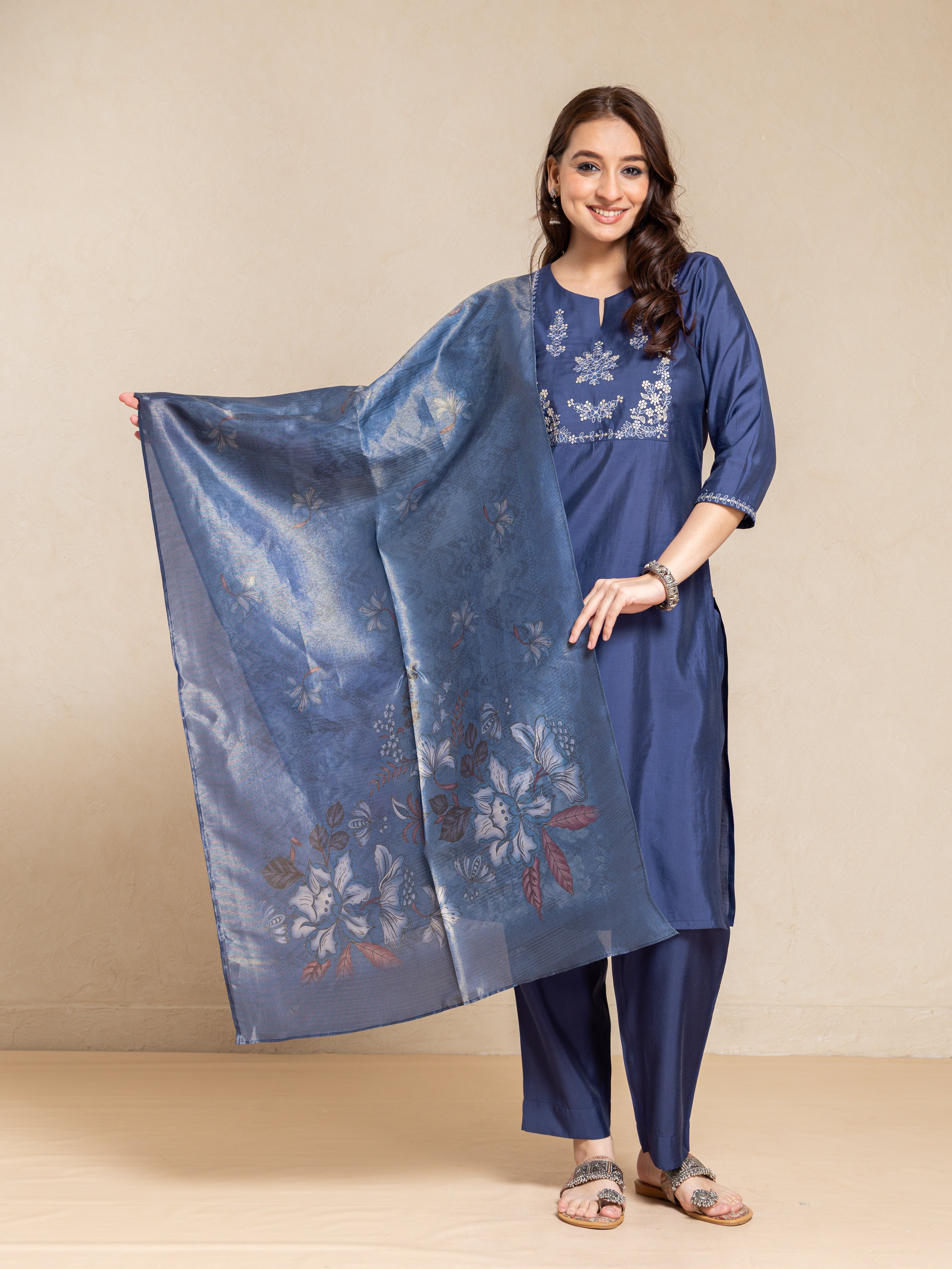 Navy Blue Viscose Silk Digital Print Round Neck Flared 3 Pcs Kurta Set