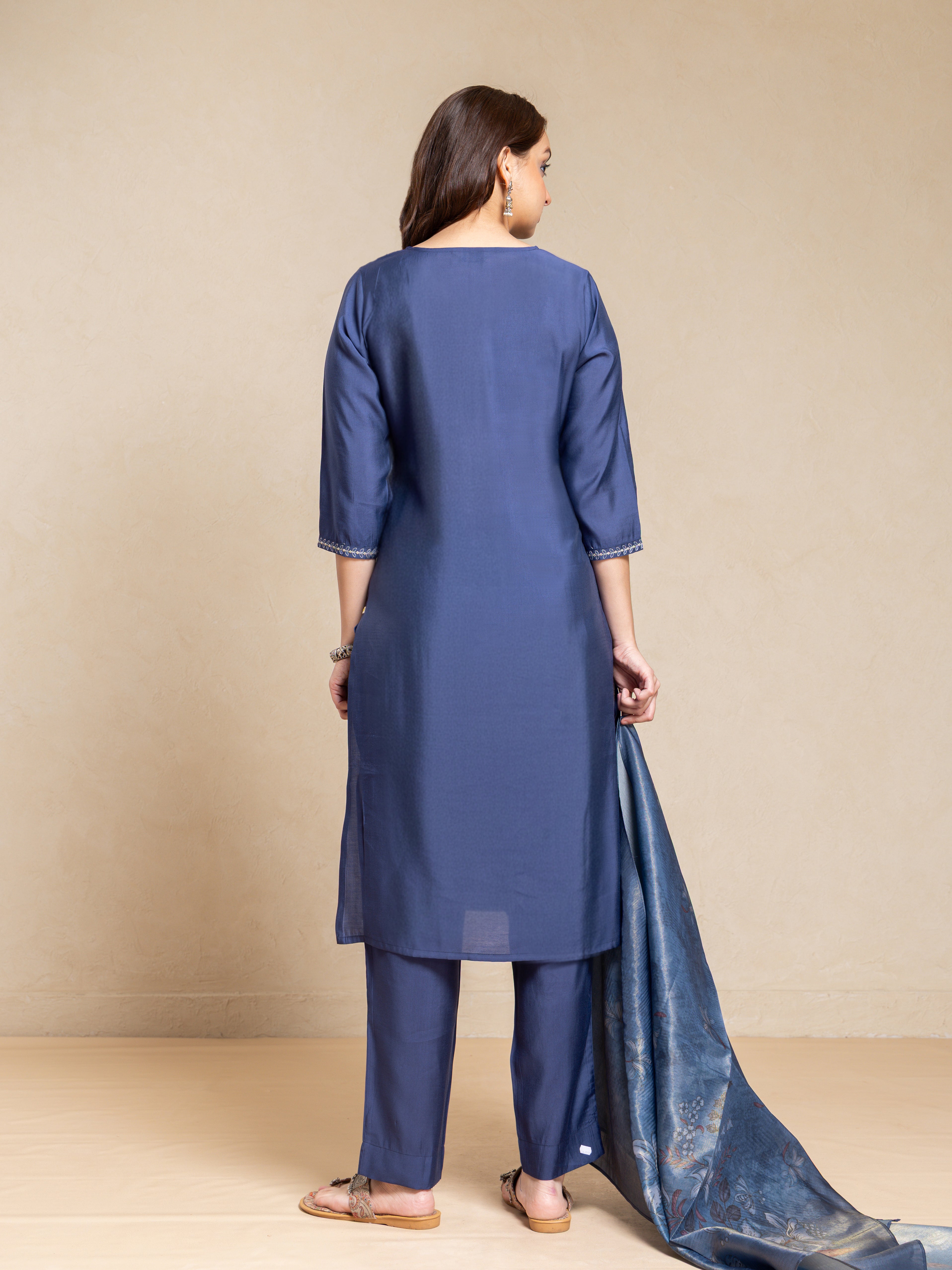 Navy Blue Viscose Silk Digital Print Round Neck Flared 3 Pcs Kurta Set