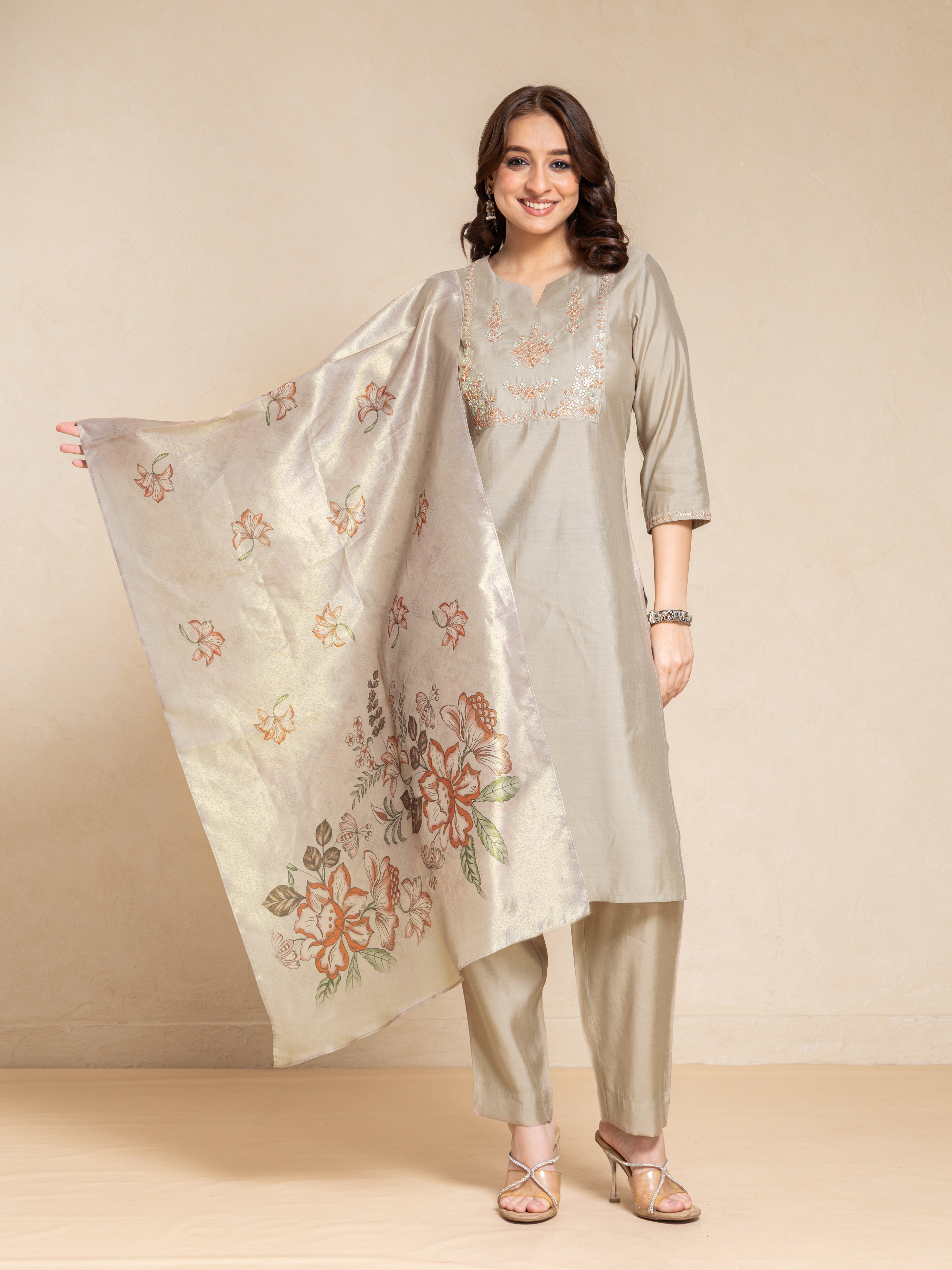 Oxford Tan Viscose Silk Digital Print Round Neck Flared 3 Pcs Kurta Set