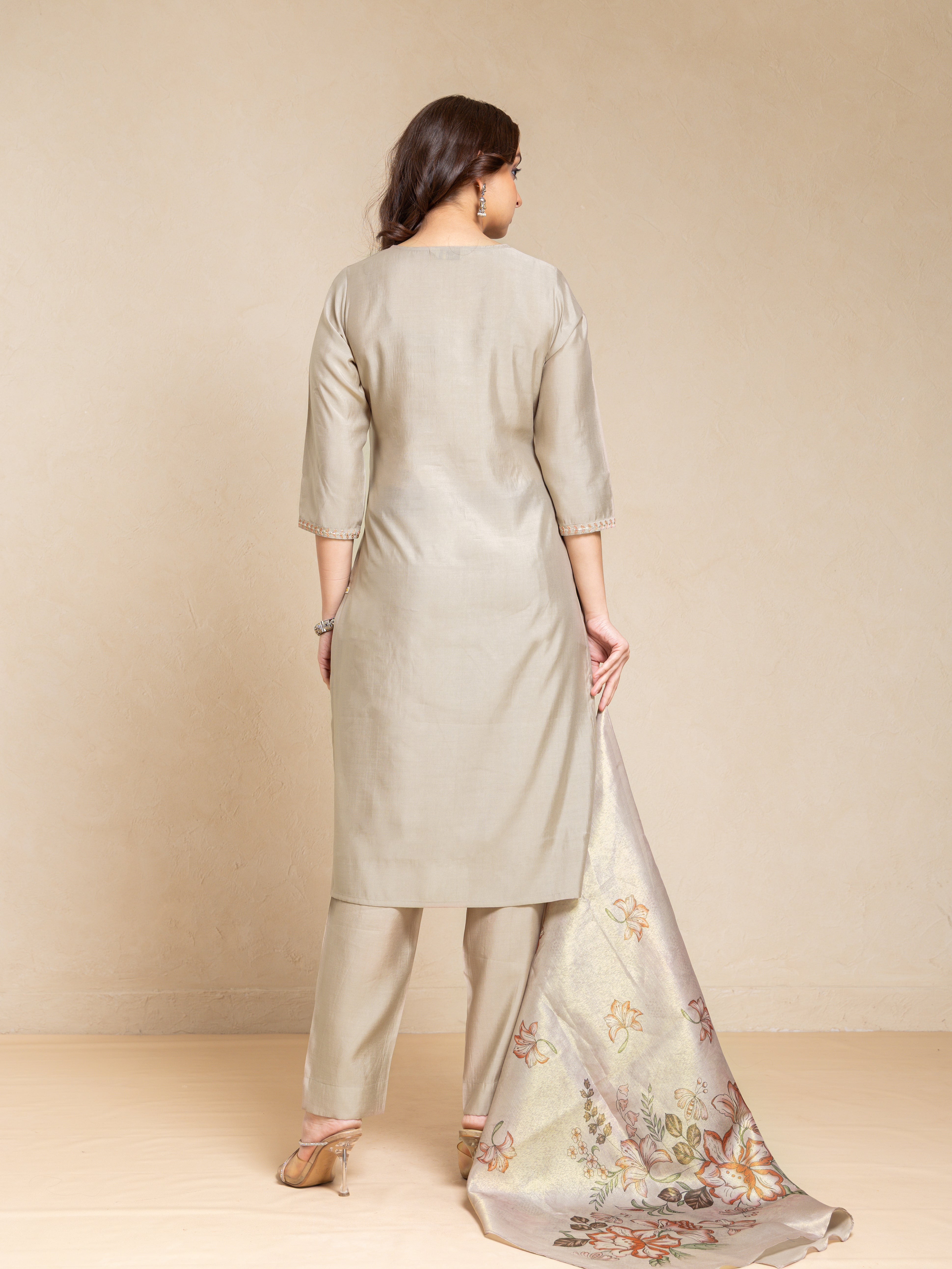 Oxford Tan Viscose Silk Digital Print Round Neck Flared 3 Pcs Kurta Set