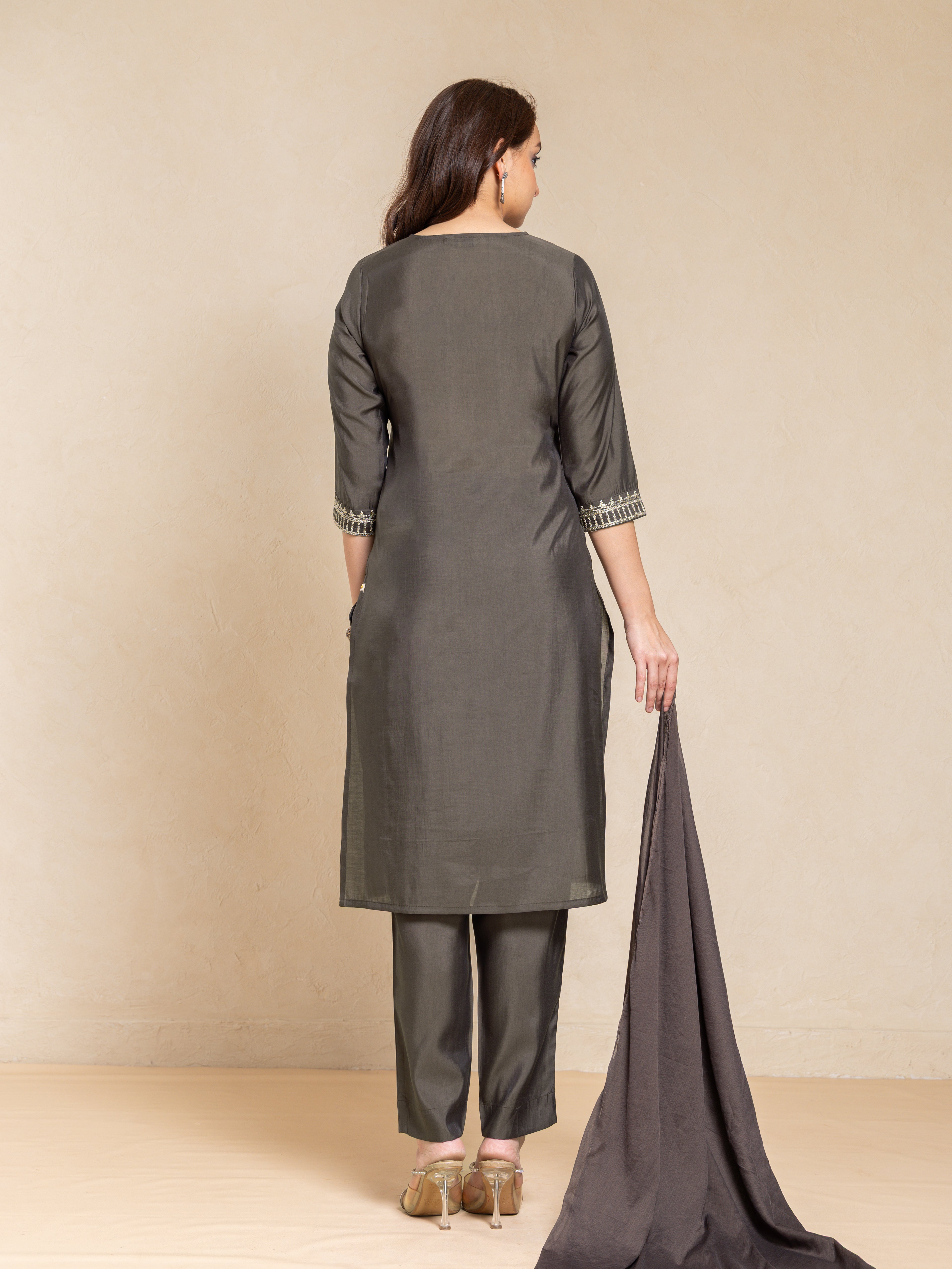 Grey Black Festive Embroidered Straight Kurta Set