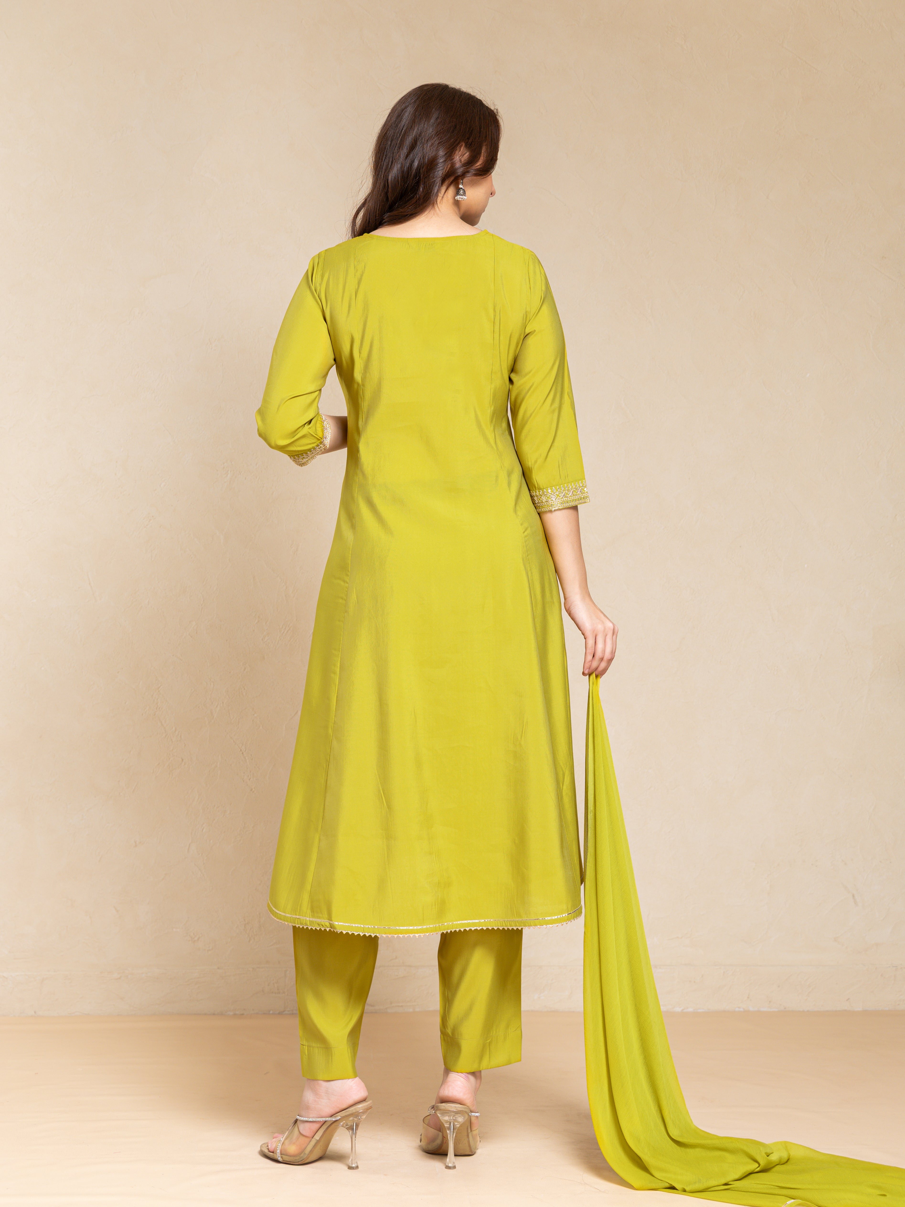 Sheen Green Festive Embroidered Flared Kurta Set
