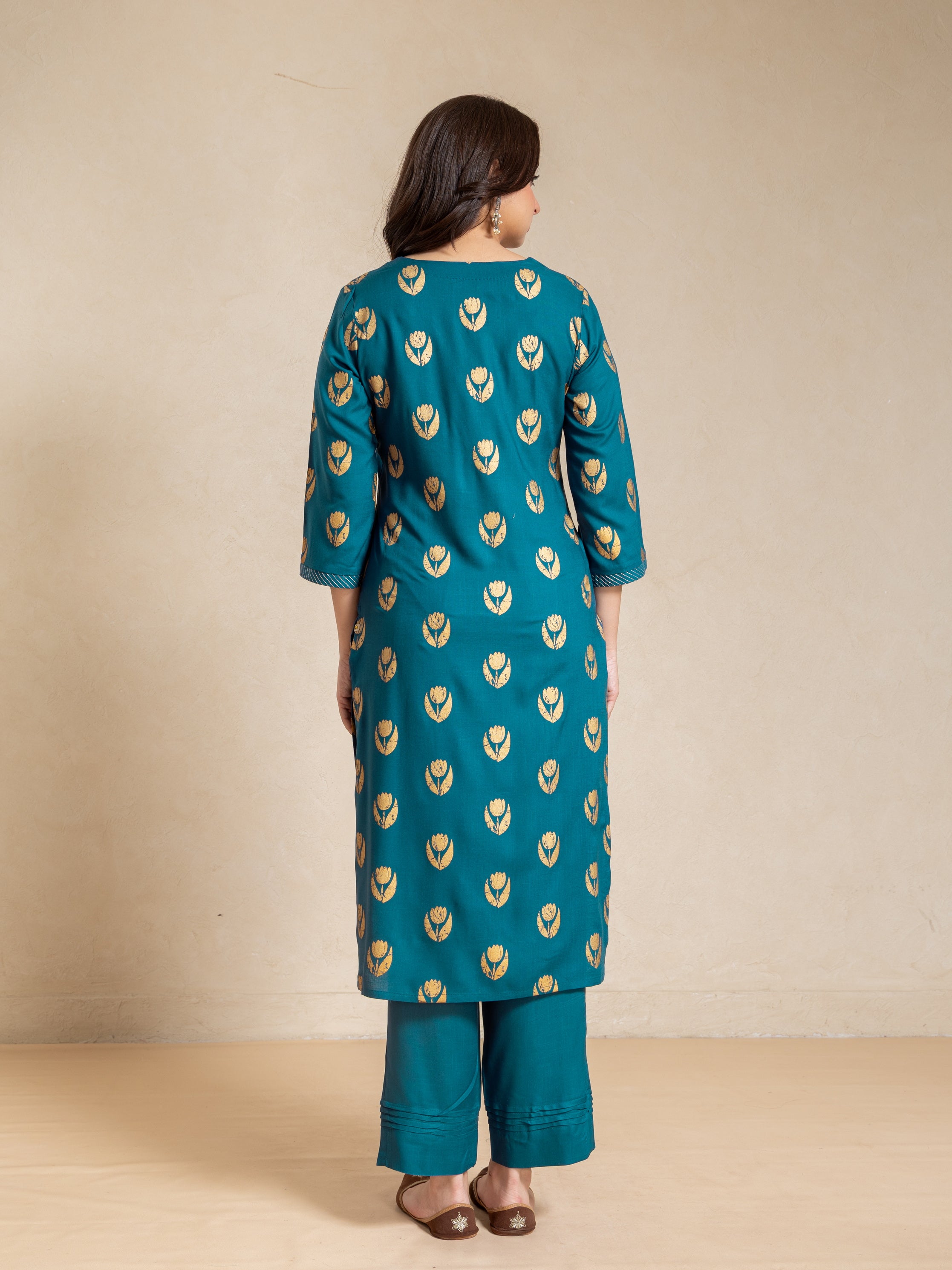 Ensign Blue Hand Craft Gold Print Cotton Modal V Neck Straight Fit 3 Pcs Kurta Set