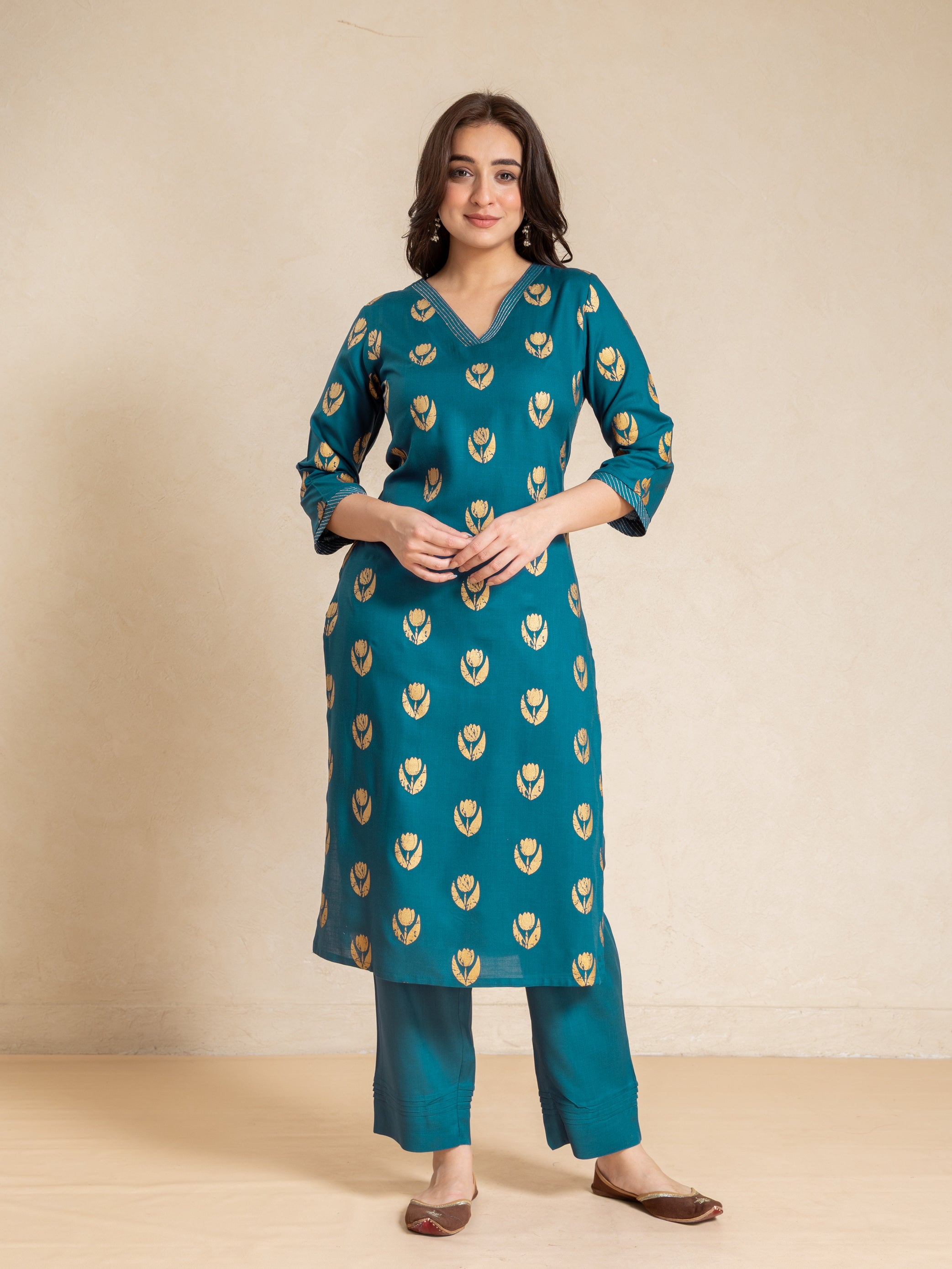 Ensign Blue Hand Craft Gold Print Cotton Modal V Neck Straight Fit 3 Pcs Kurta Set