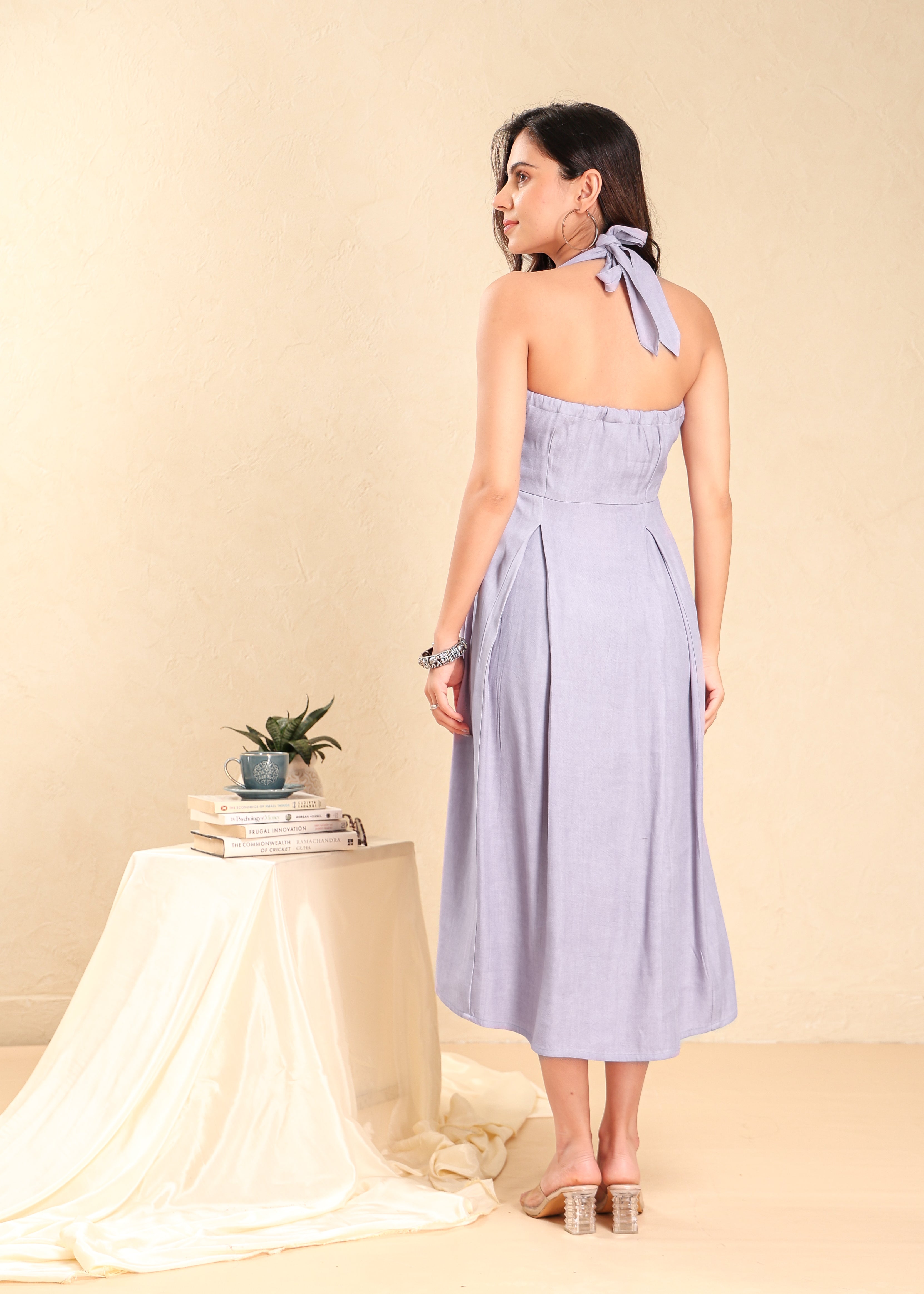 Halter Strap Embroidered Flared Dress