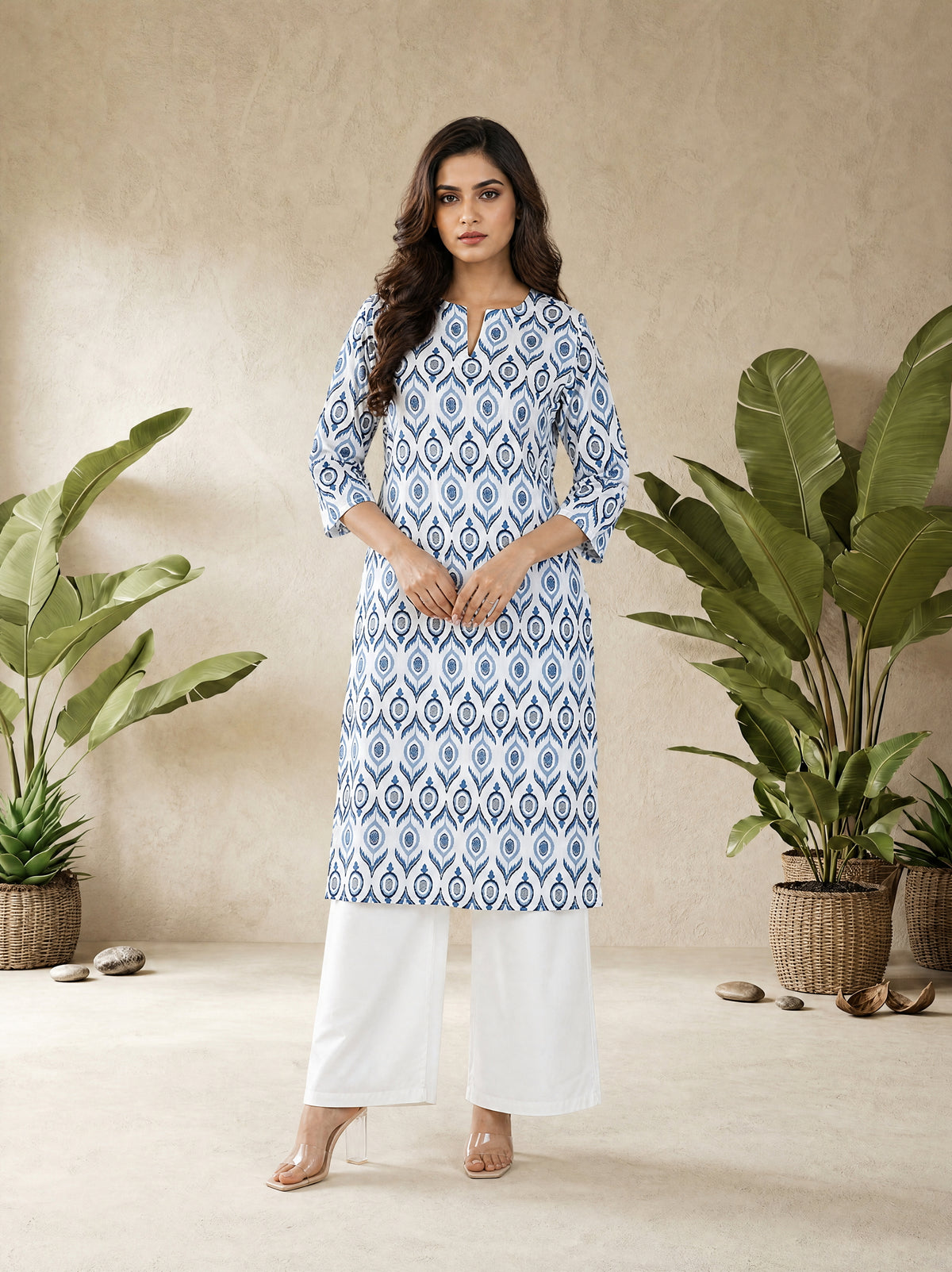 Indigo Blue Cotton Slub Ikat Print Kurti with Shirt Collar