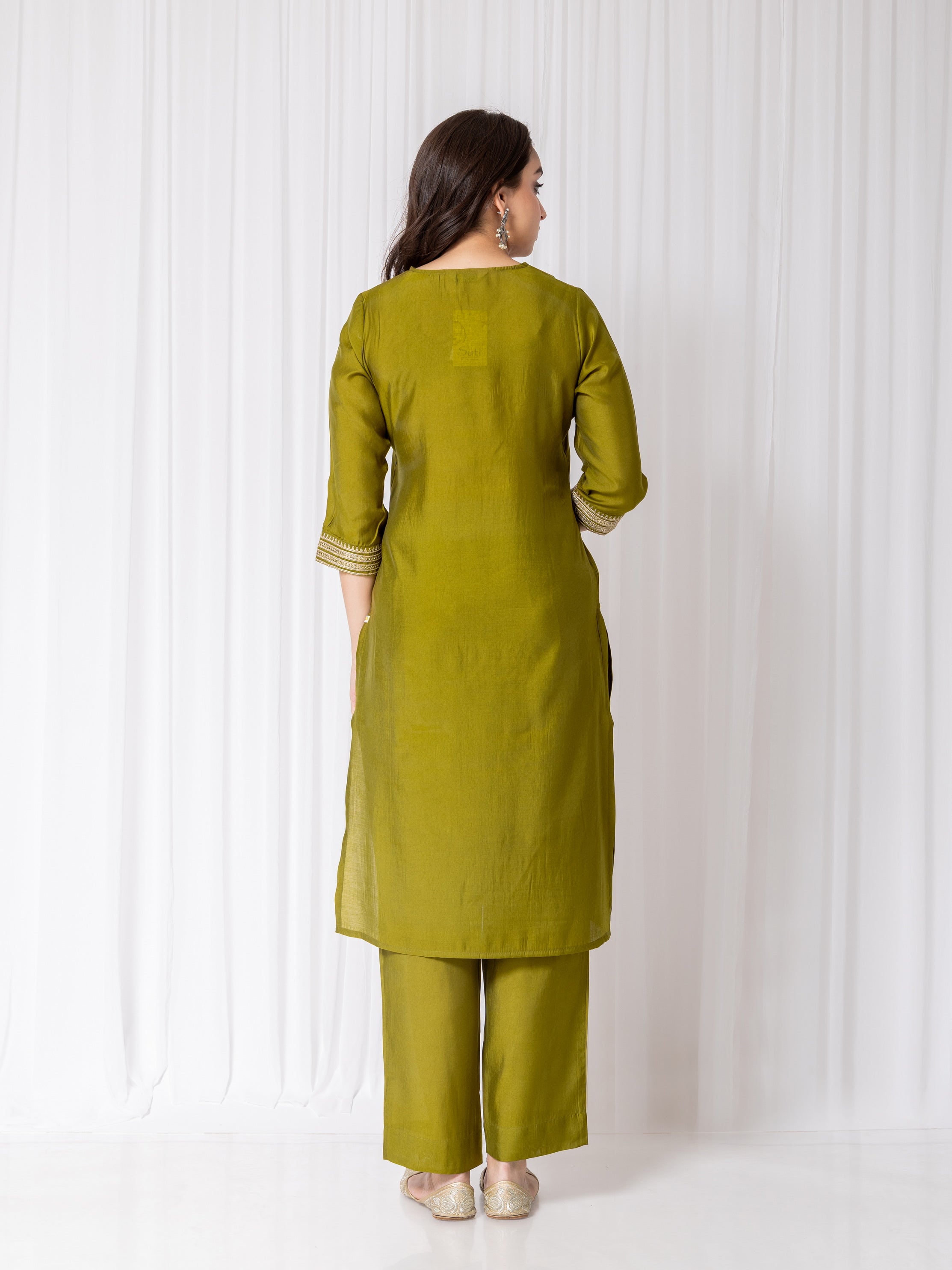 Ecru Olive Viscose Silk V Neck Straight Fit 3 Pcs Kurta Set