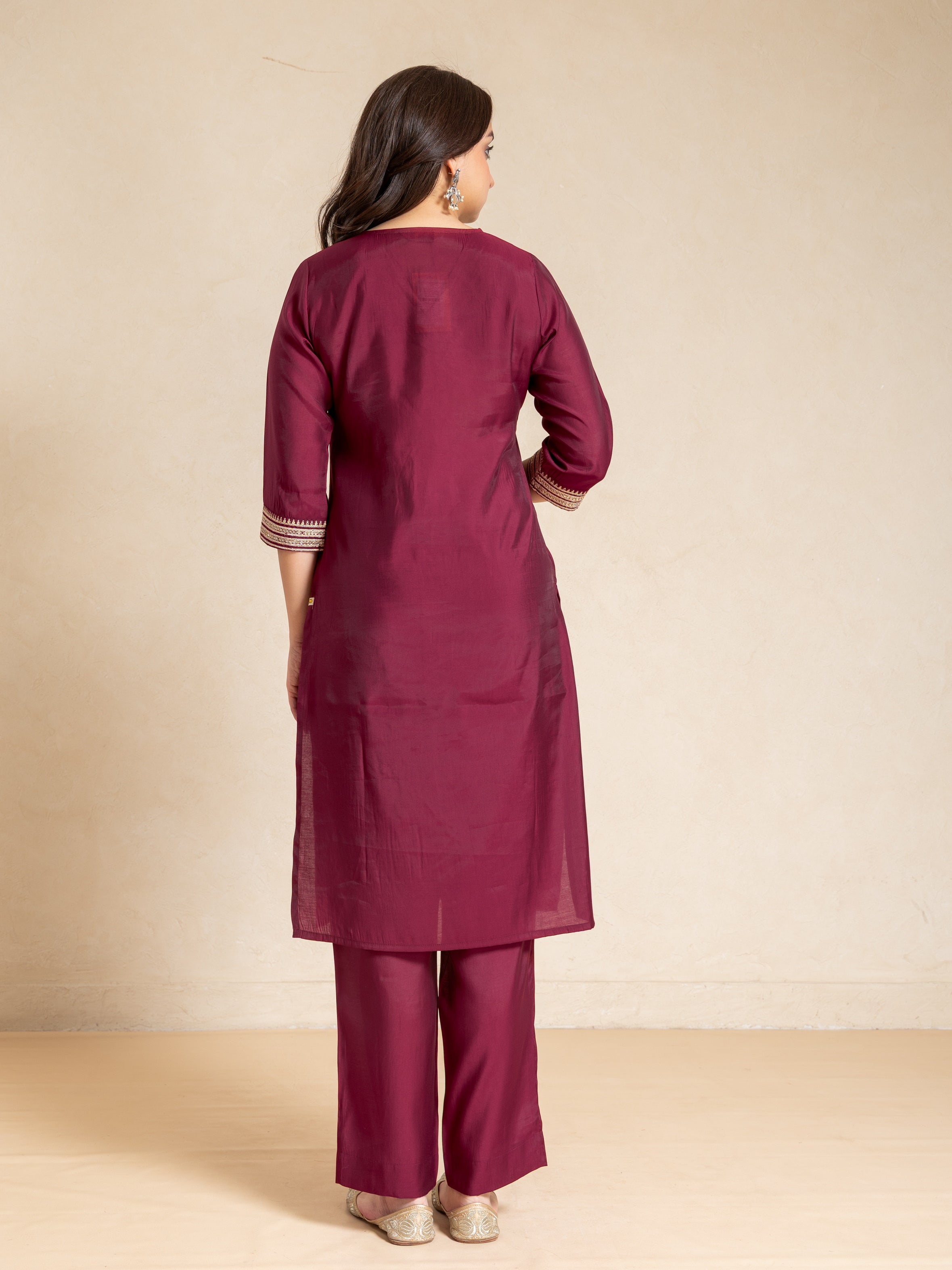 Red Wine Viscose Silk V Neck Straight Fit 3 Pcs Kurta Set