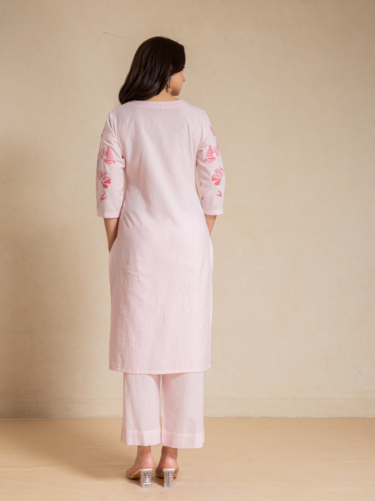 Light Pink Embroidery Cotton Dobby V Neck Straight Fit 2 Pcs Kurta Set