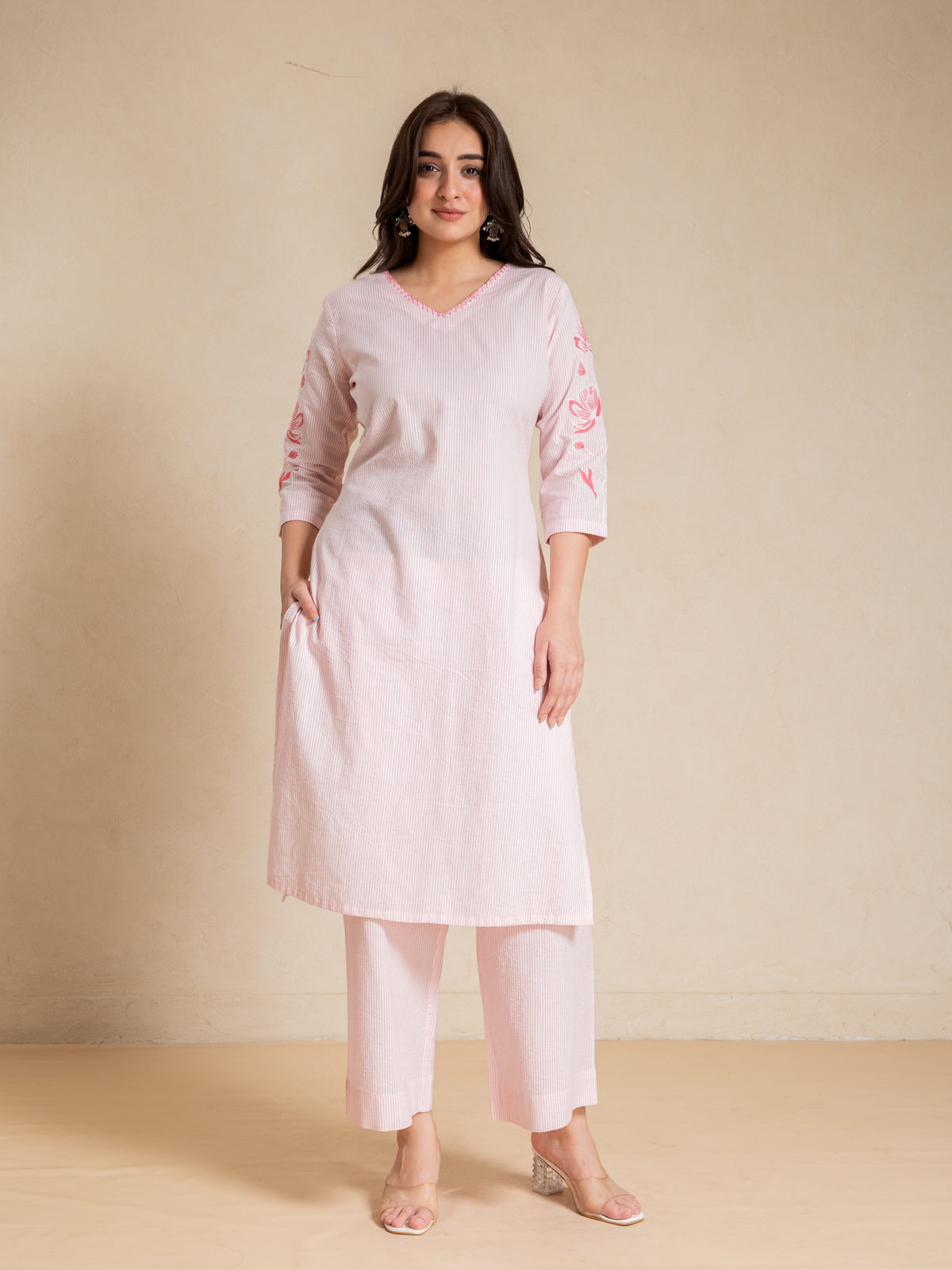 Light Pink Embroidery Cotton Dobby V Neck Straight Fit 2 Pcs Kurta Set