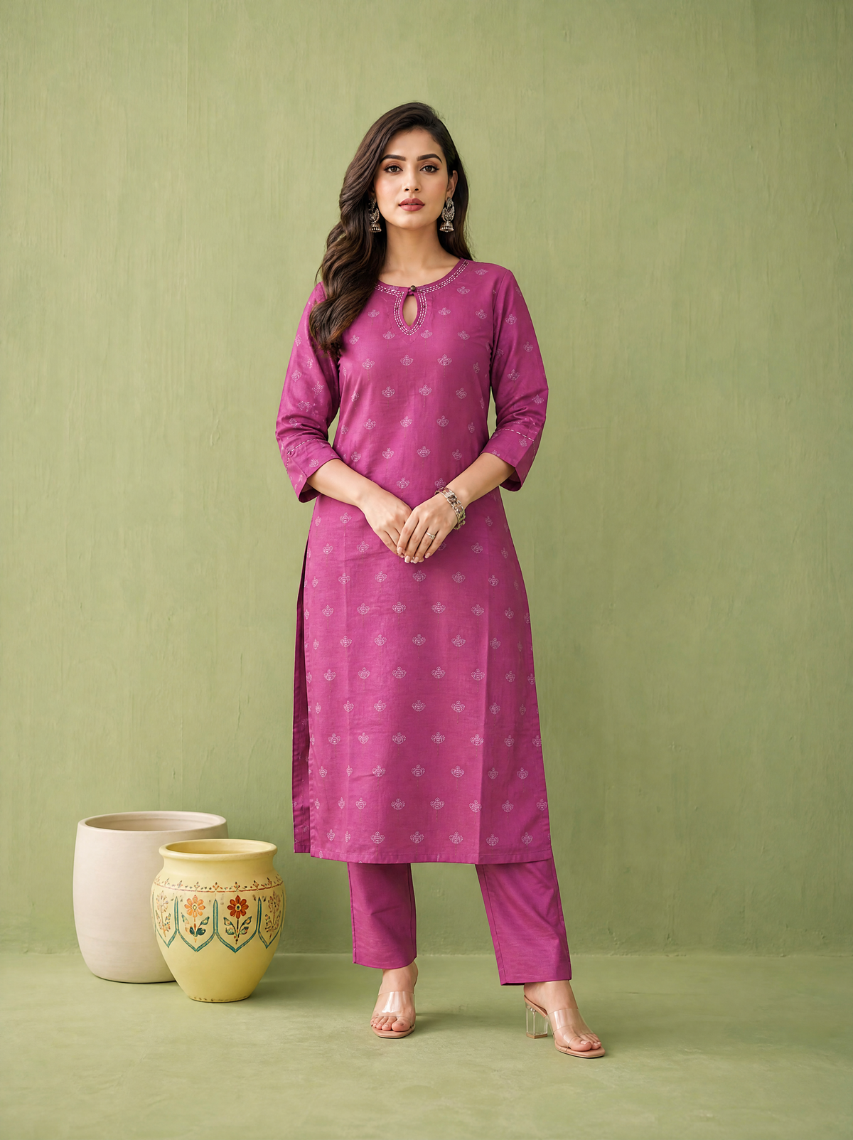 GOLD PRINTED 2PCS KURTA SET WITH EMBLISHED HAND WORK