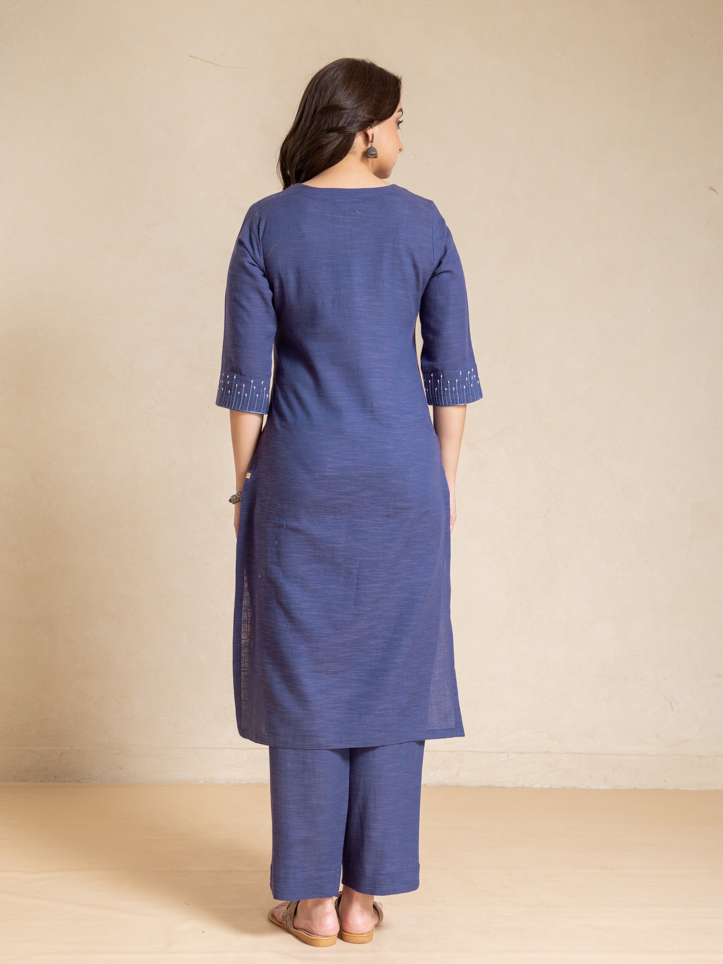 Imperial Blue Cotton Slub Round Neck Straight Fit 2 Pcs Kurta Set