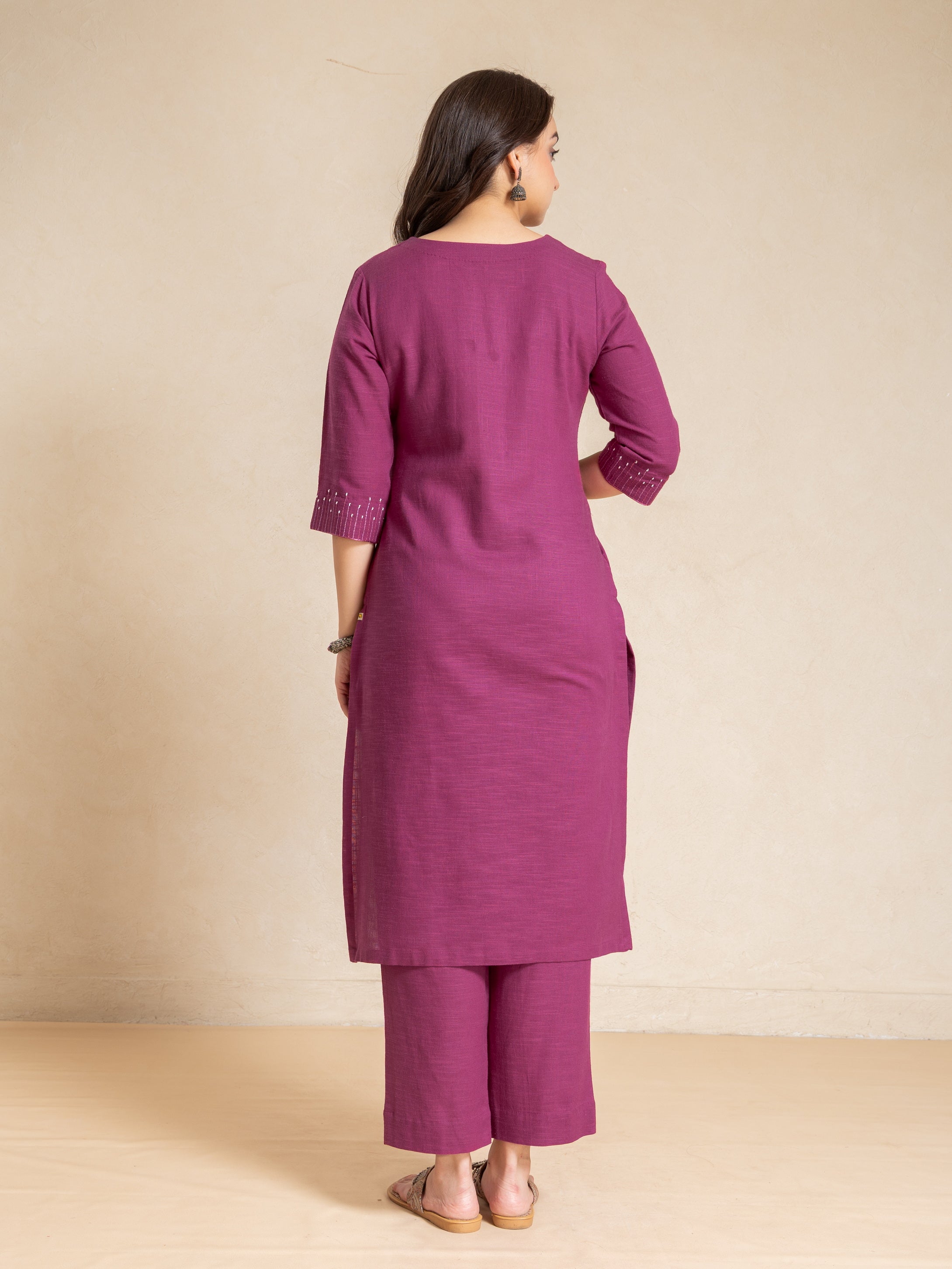 Purple Magenta Cotton Slub Round Neck Straight Fit 2 Pcs Kurta Set