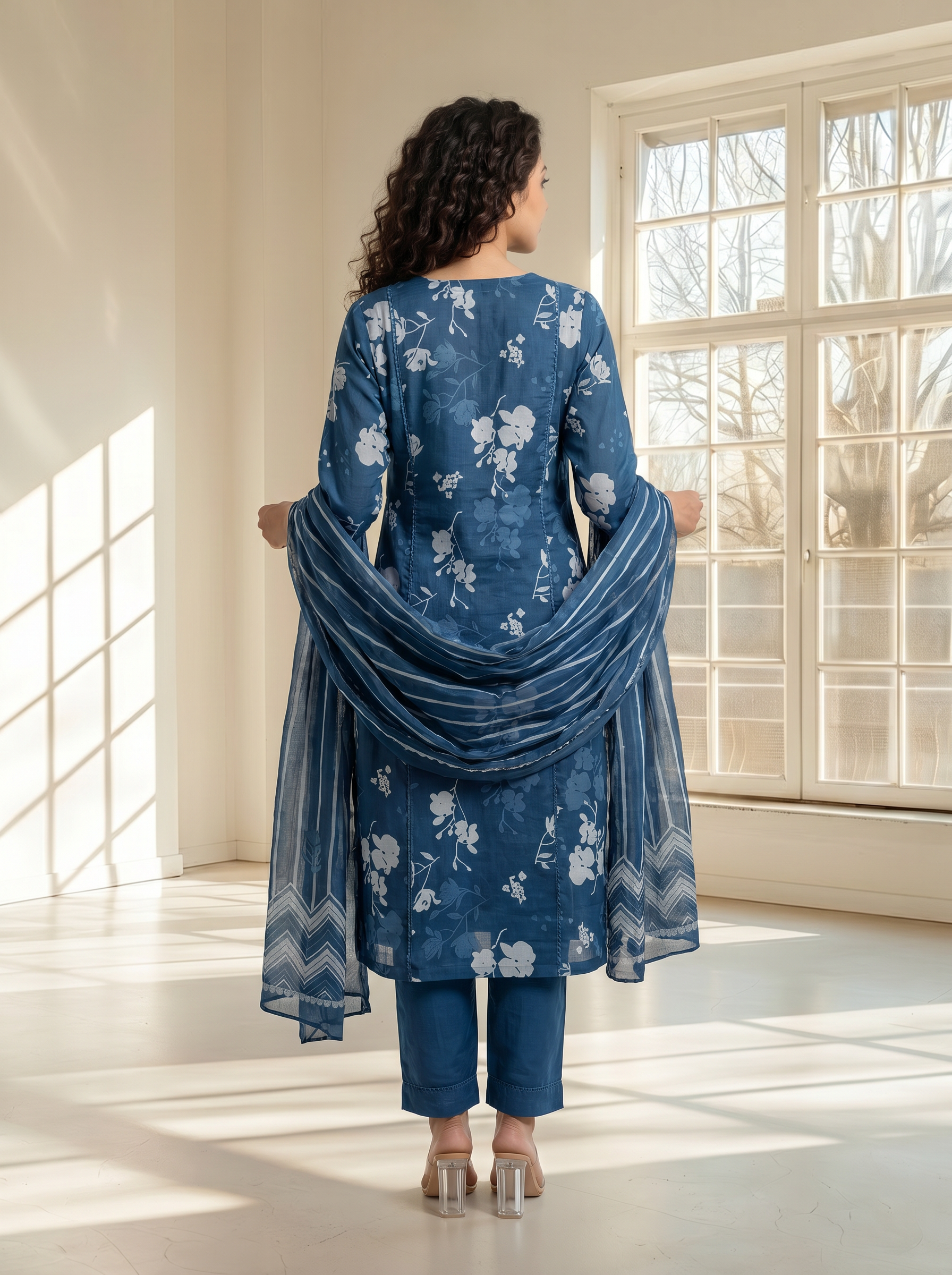 Navy Blue Mul Cotton Floral Kurta Set