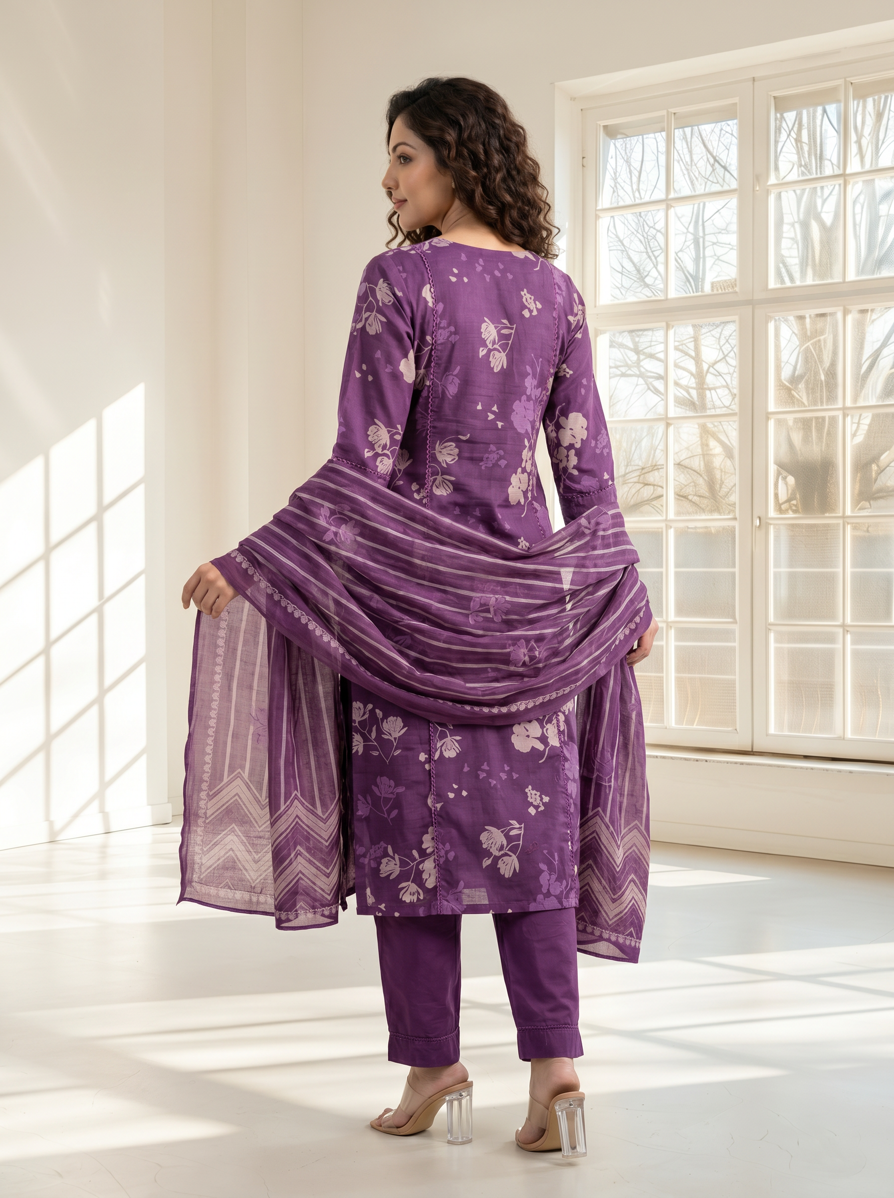 Plum Floral Print Mul Cotton Kurta Set with Hand Craft