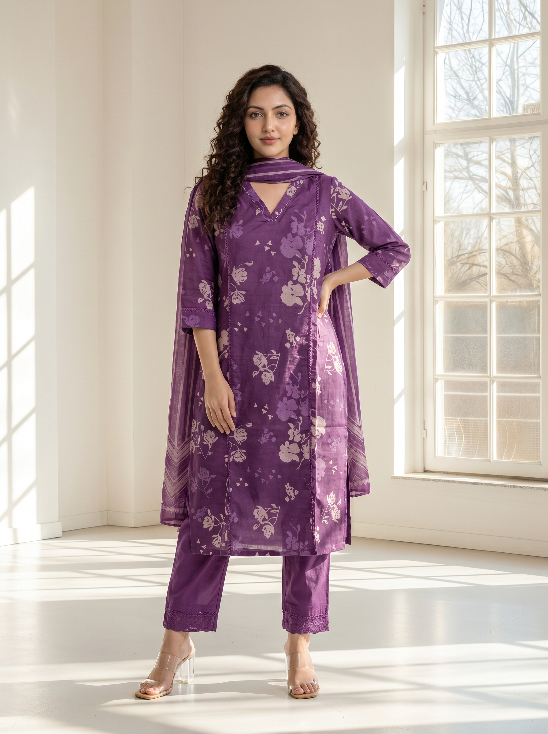 Plum Floral Print Mul Cotton Kurta Set with Hand Craft