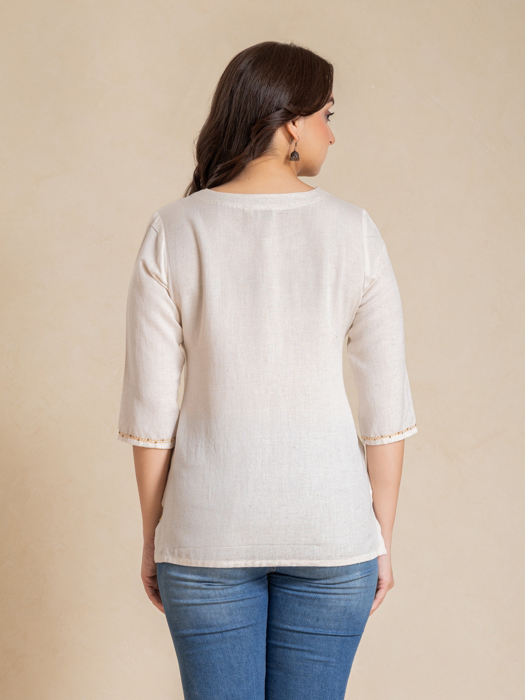 Natural Embroidery Rayon Flex Round Neck Straight Fit Top