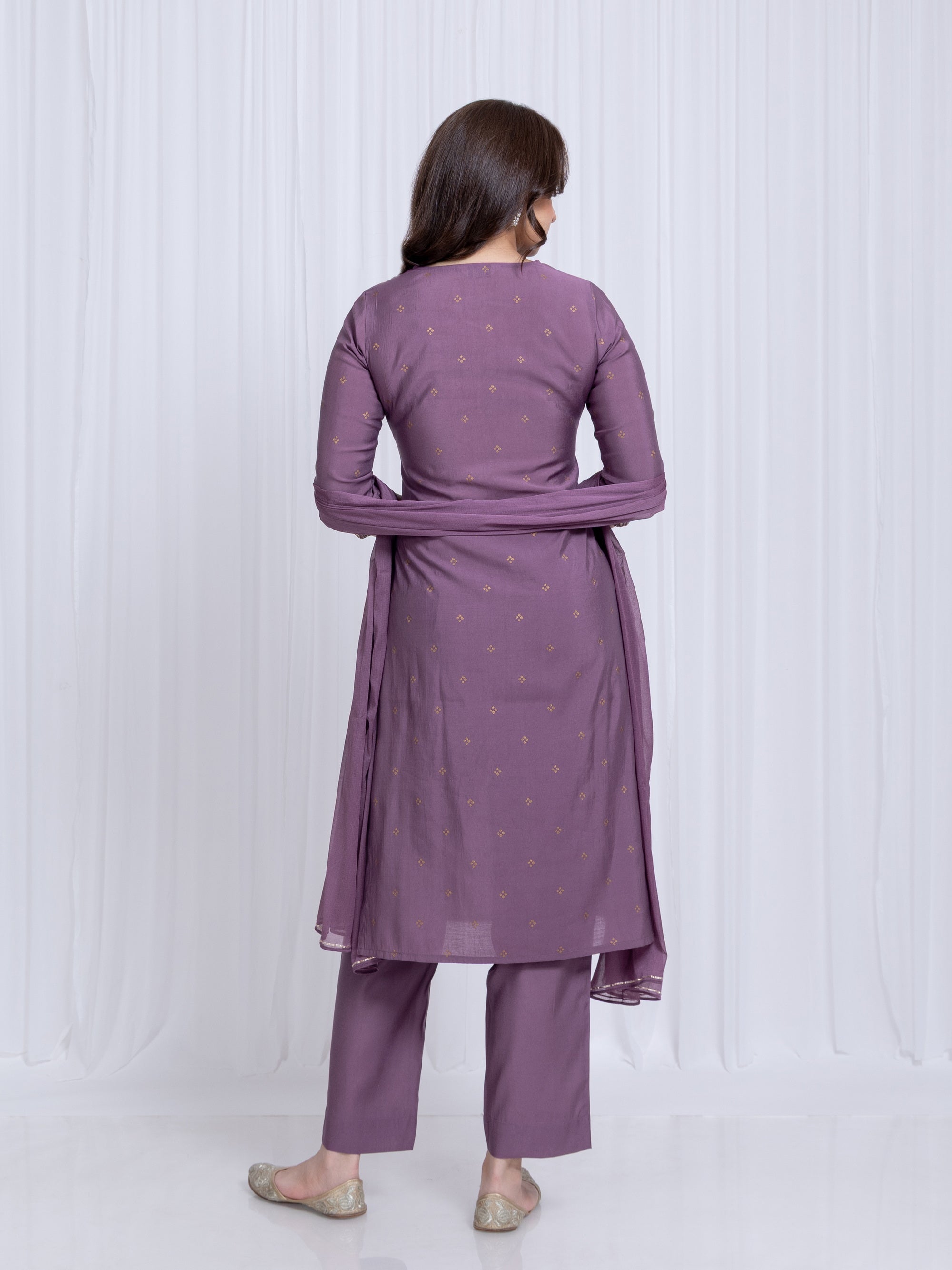 Grape Wine Gold Printed Viscose Silk Round Neck Straight Fit 3 Pcs Kurta Set
