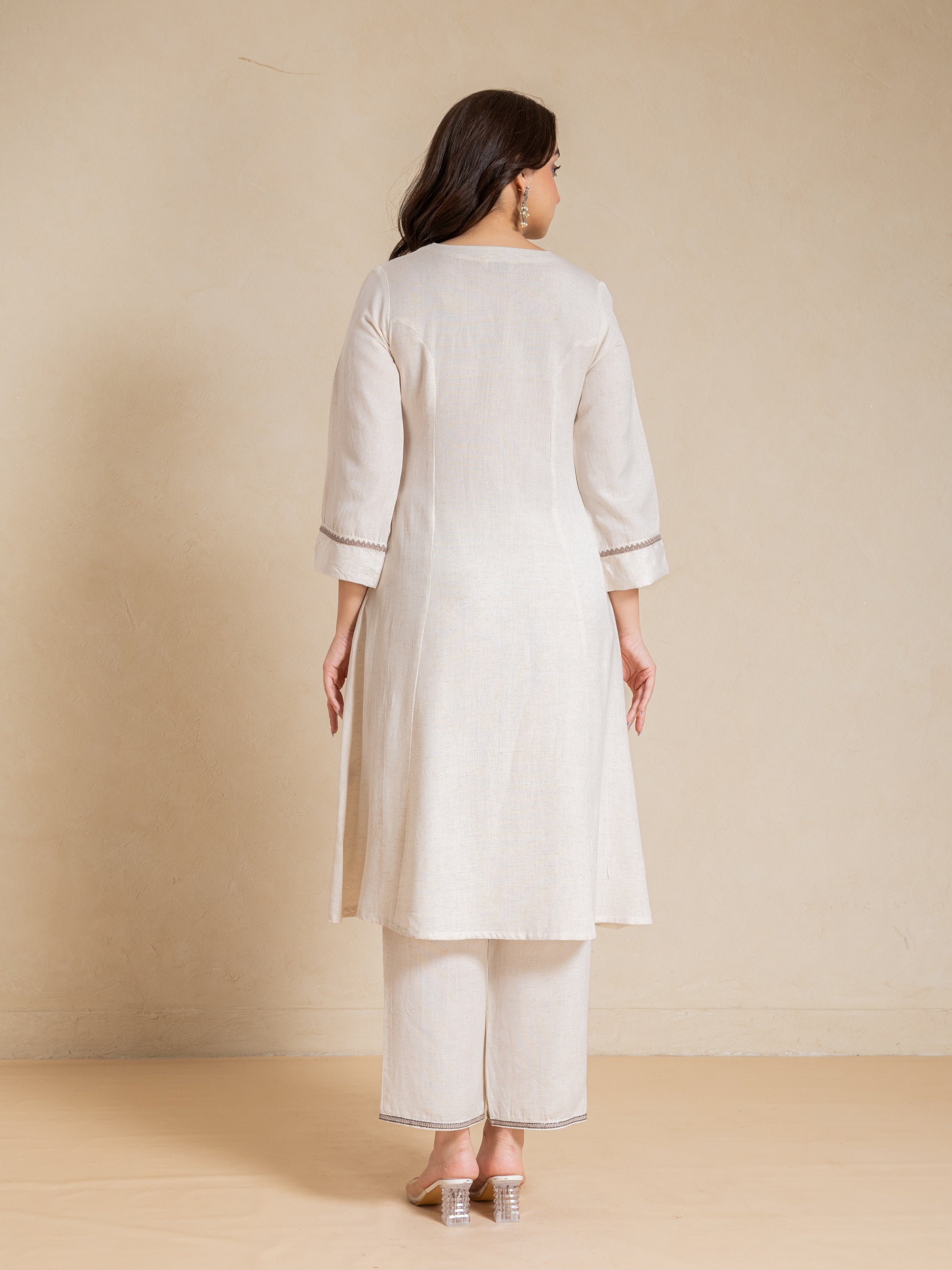 Off White Embroidery Rayon Flex Round Neck Flared Long Dress